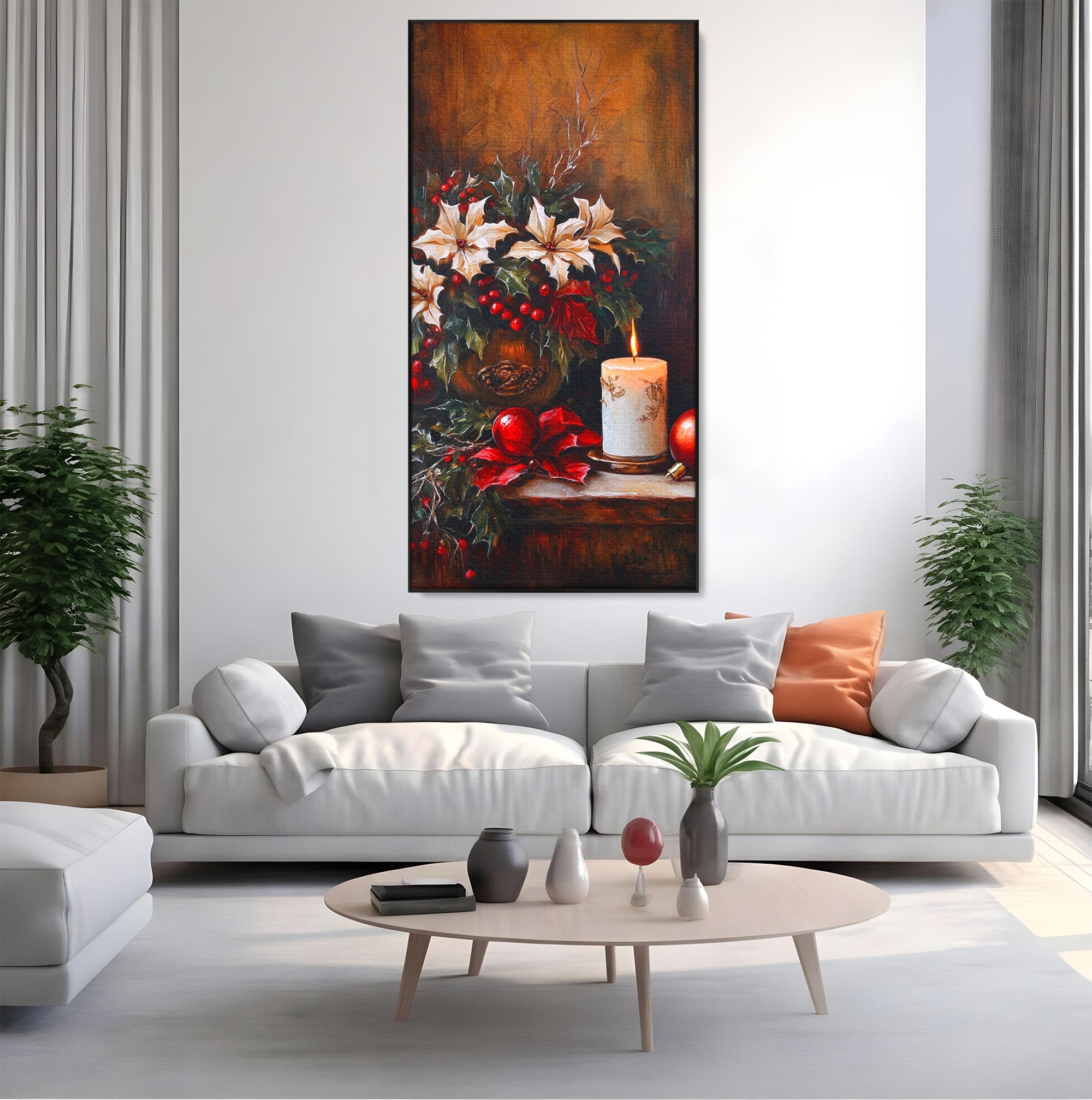 Tablou Canvas Premium LuxCanva® PI1074, Flori De Craciun, Iarna, Craciun, Decor, Lumanare, Living, Culori Vibrante