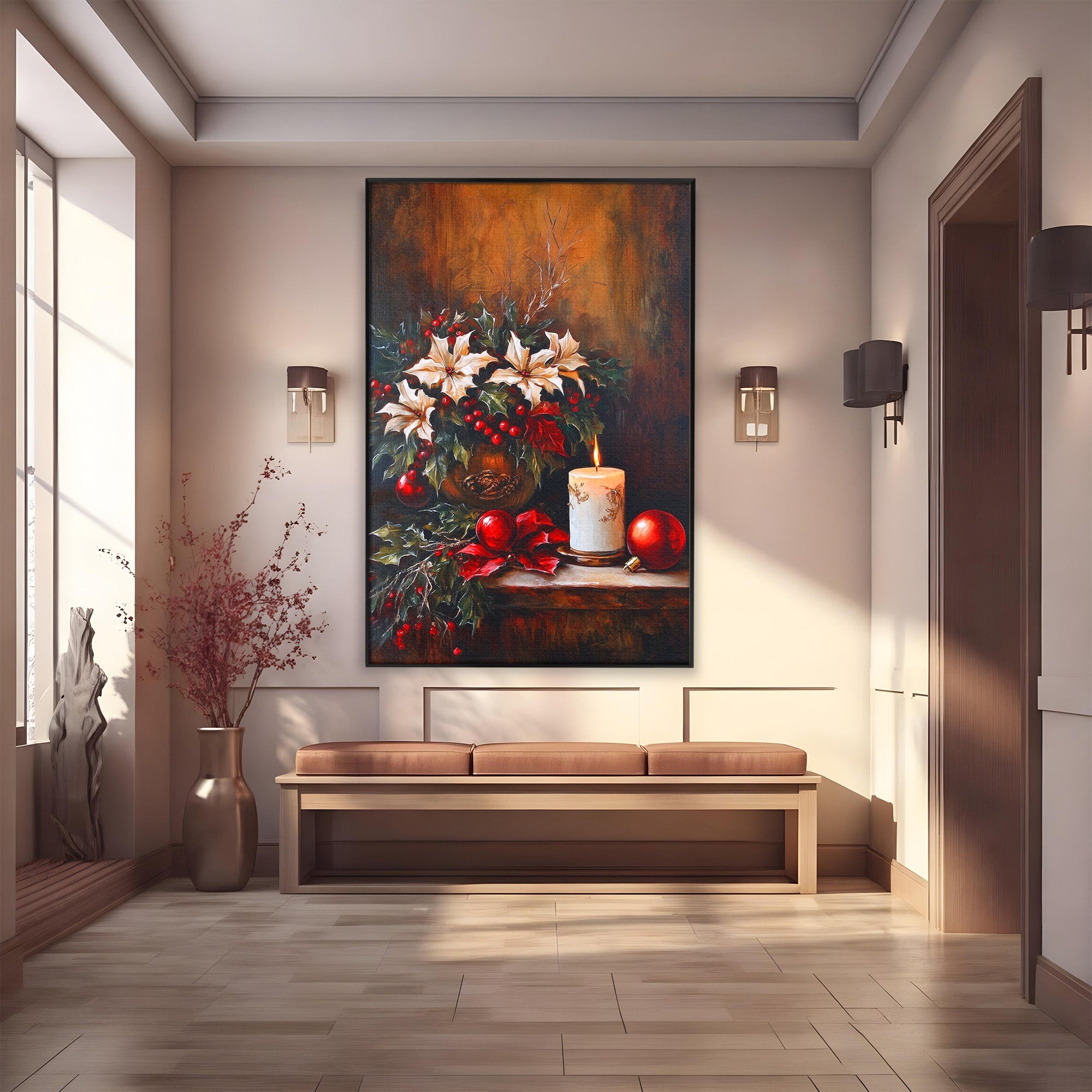 Tablou Canvas Premium LuxCanva® PI1074, Flori De Craciun, Iarna, Craciun, Decor, Lumanare, Living, Culori Vibrante