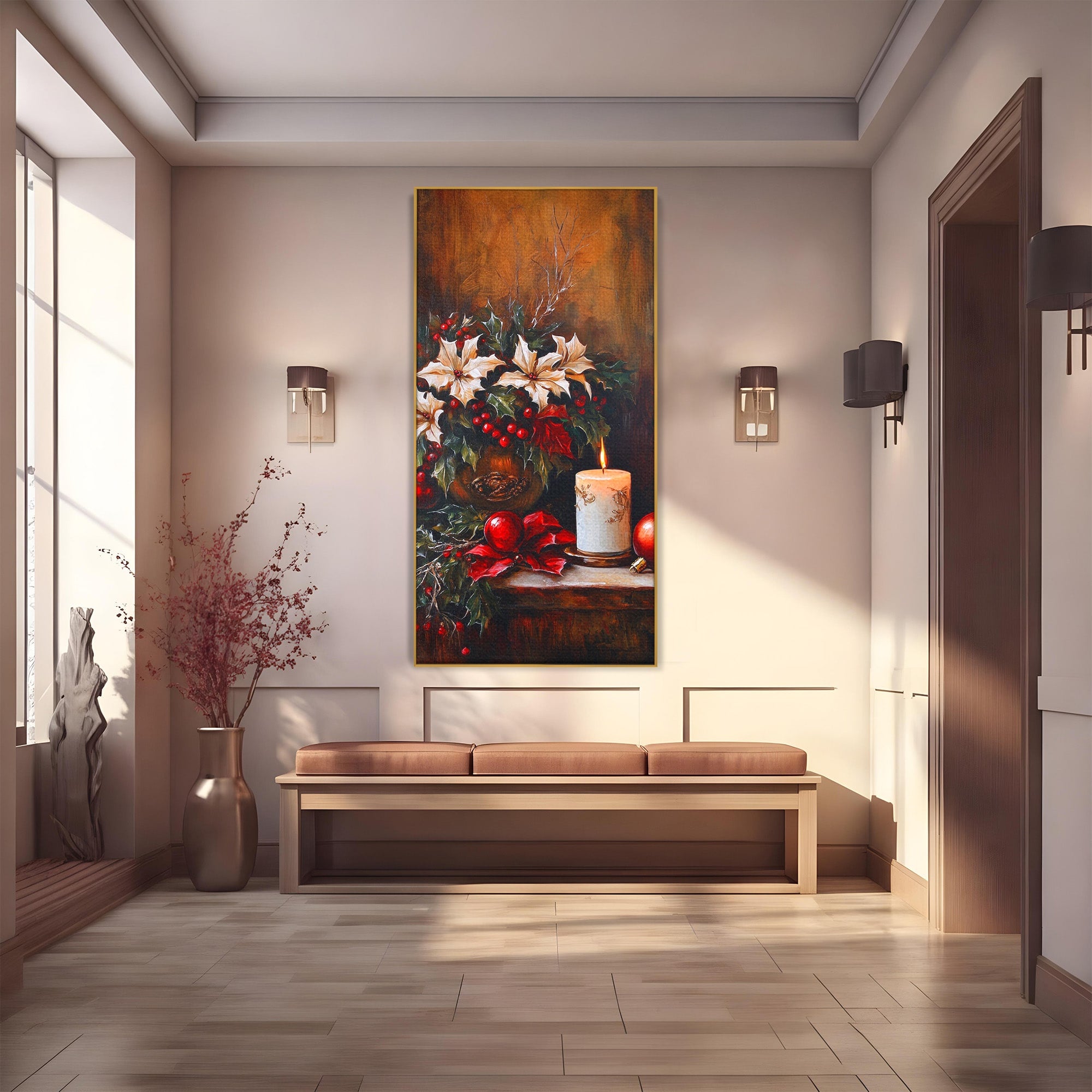 Tablou Canvas Premium LuxCanva® PI1074, Flori De Craciun, Iarna, Craciun, Decor, Lumanare, Living, Culori Vibrante