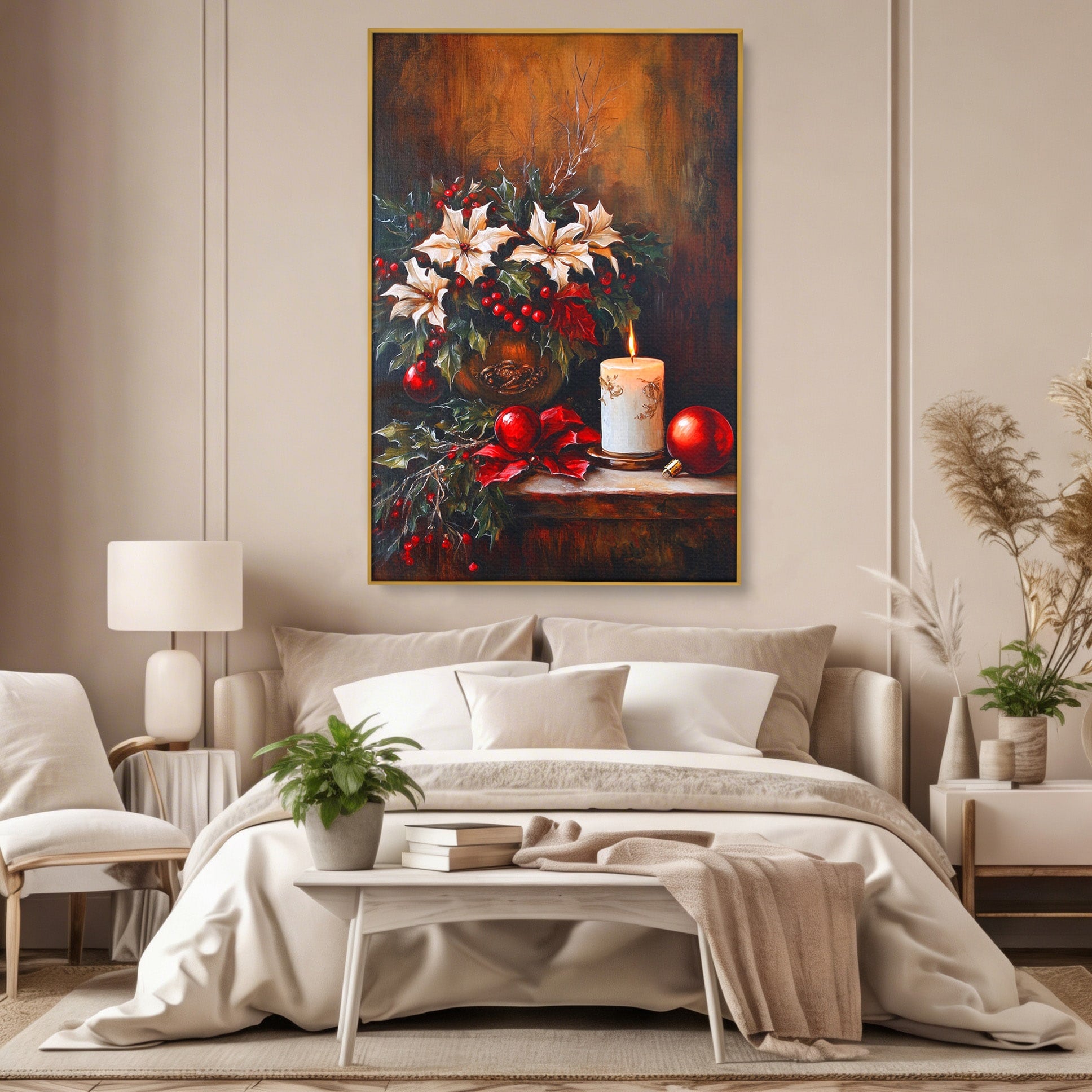 Tablou Canvas Premium LuxCanva® PI1074, Flori De Craciun, Iarna, Craciun, Decor, Lumanare, Living, Culori Vibrante