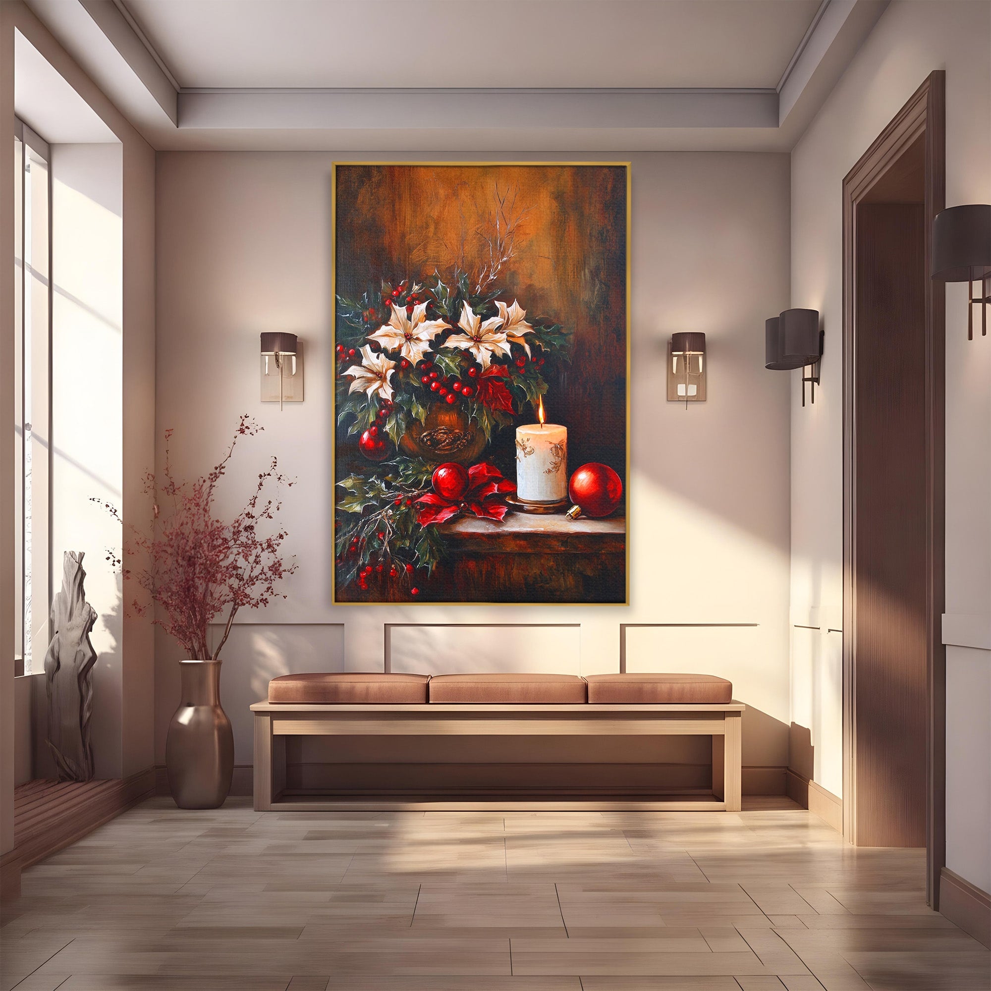 Tablou Canvas Premium LuxCanva® PI1074, Flori De Craciun, Iarna, Craciun, Decor, Lumanare, Living, Culori Vibrante