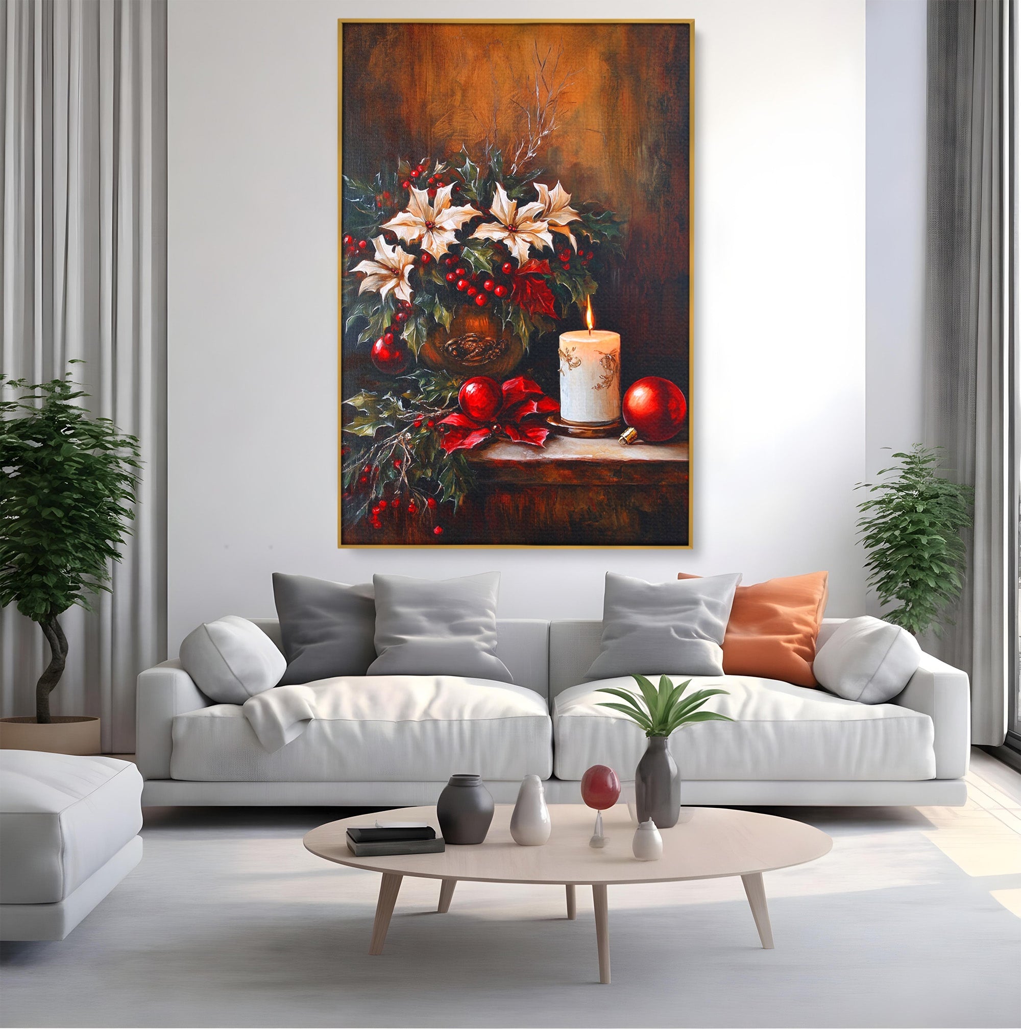 Tablou Canvas Premium LuxCanva® PI1074, Flori De Craciun, Iarna, Craciun, Decor, Lumanare, Living, Culori Vibrante