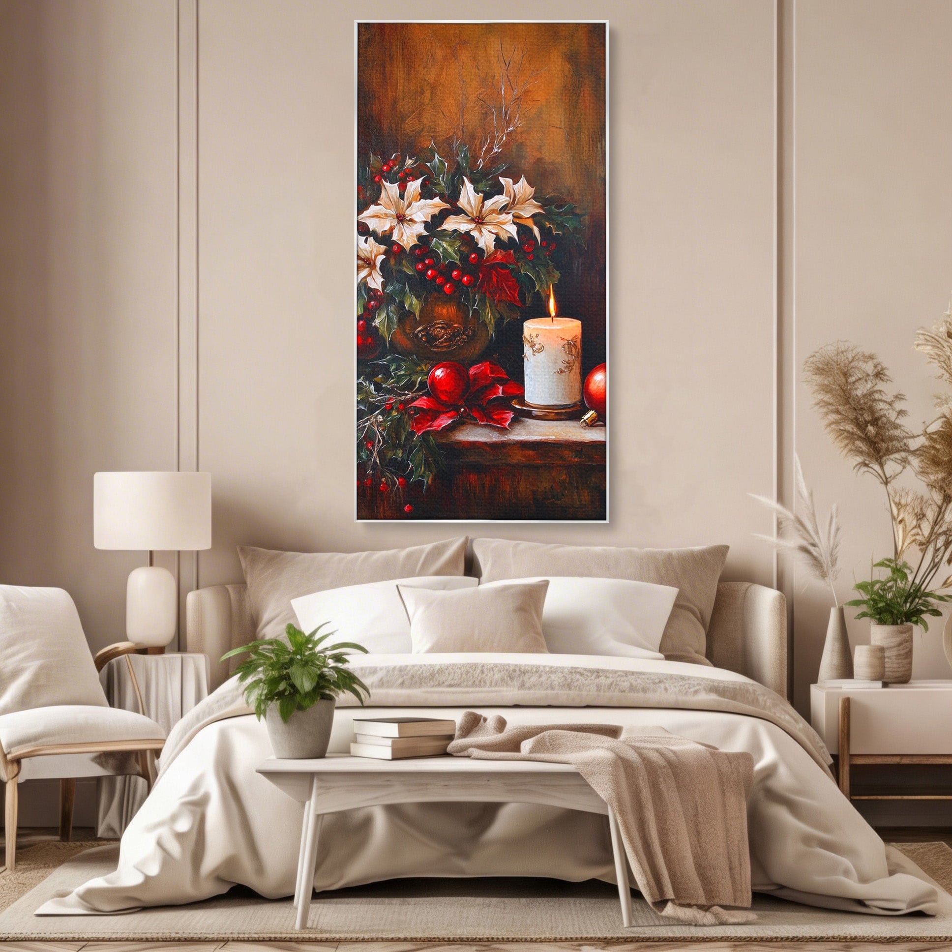 Tablou Canvas Premium LuxCanva® PI1074, Flori De Craciun, Iarna, Craciun, Decor, Lumanare, Living, Culori Vibrante
