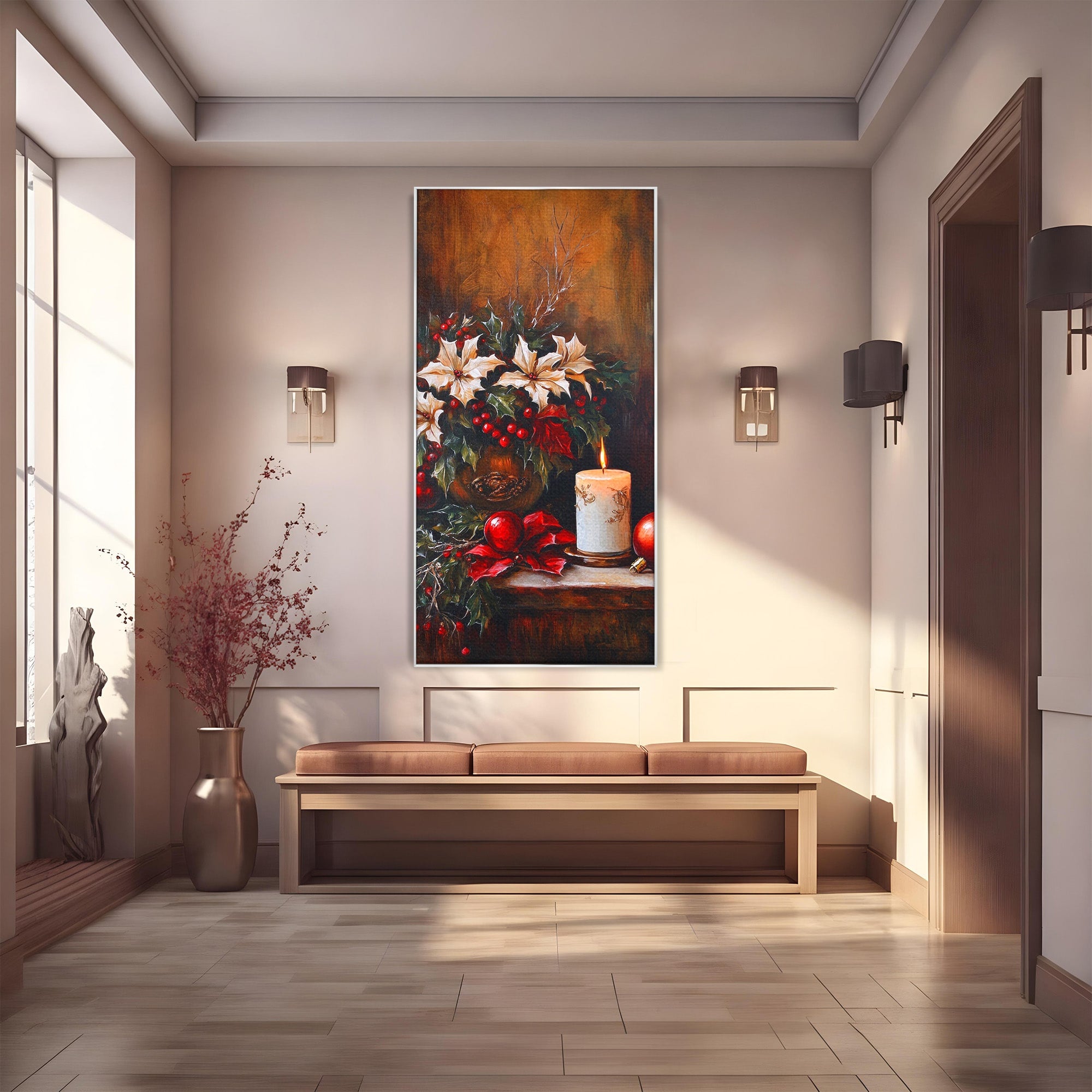Tablou Canvas Premium LuxCanva® PI1074, Flori De Craciun, Iarna, Craciun, Decor, Lumanare, Living, Culori Vibrante