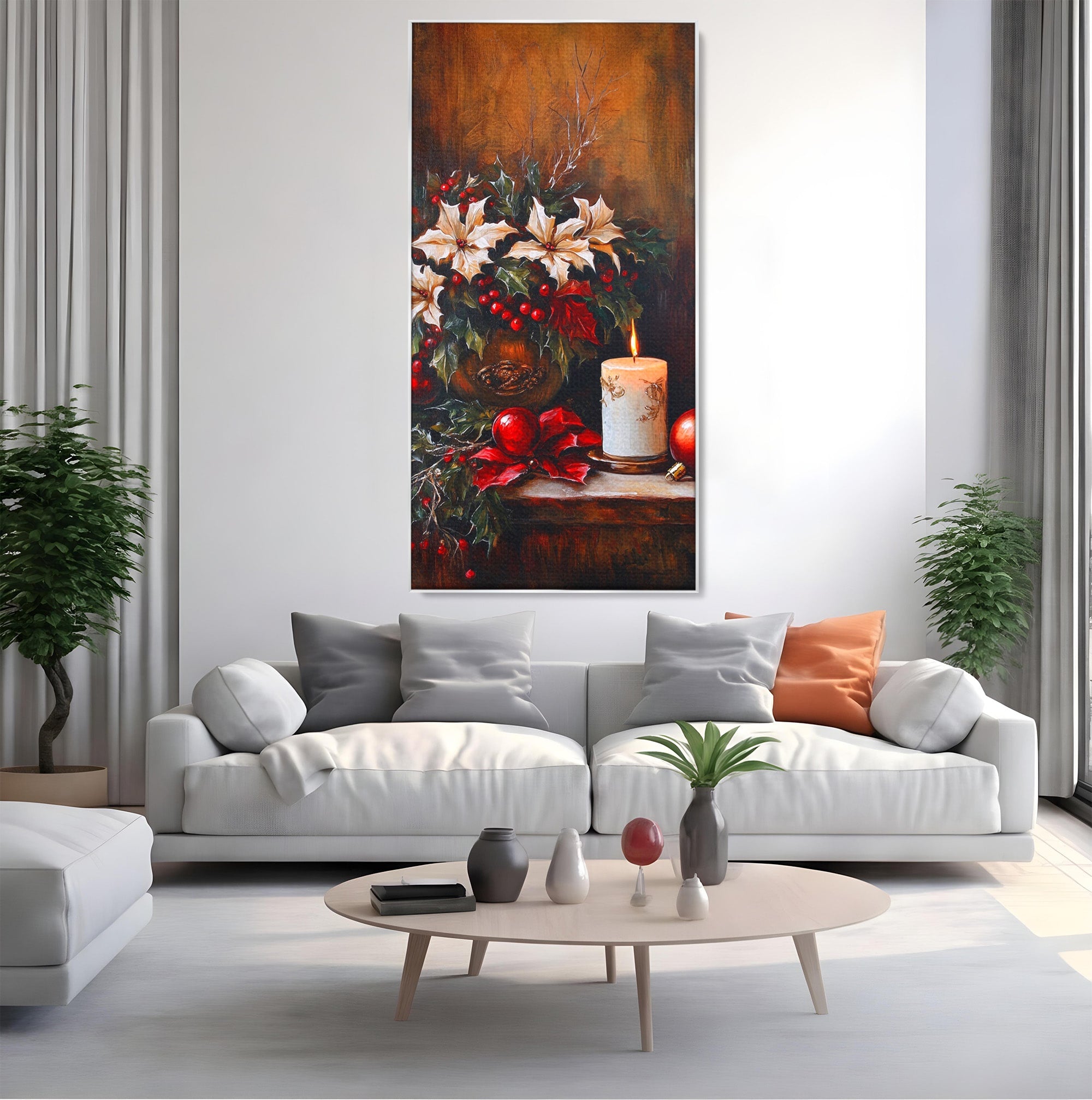 Tablou Canvas Premium LuxCanva® PI1074, Flori De Craciun, Iarna, Craciun, Decor, Lumanare, Living, Culori Vibrante