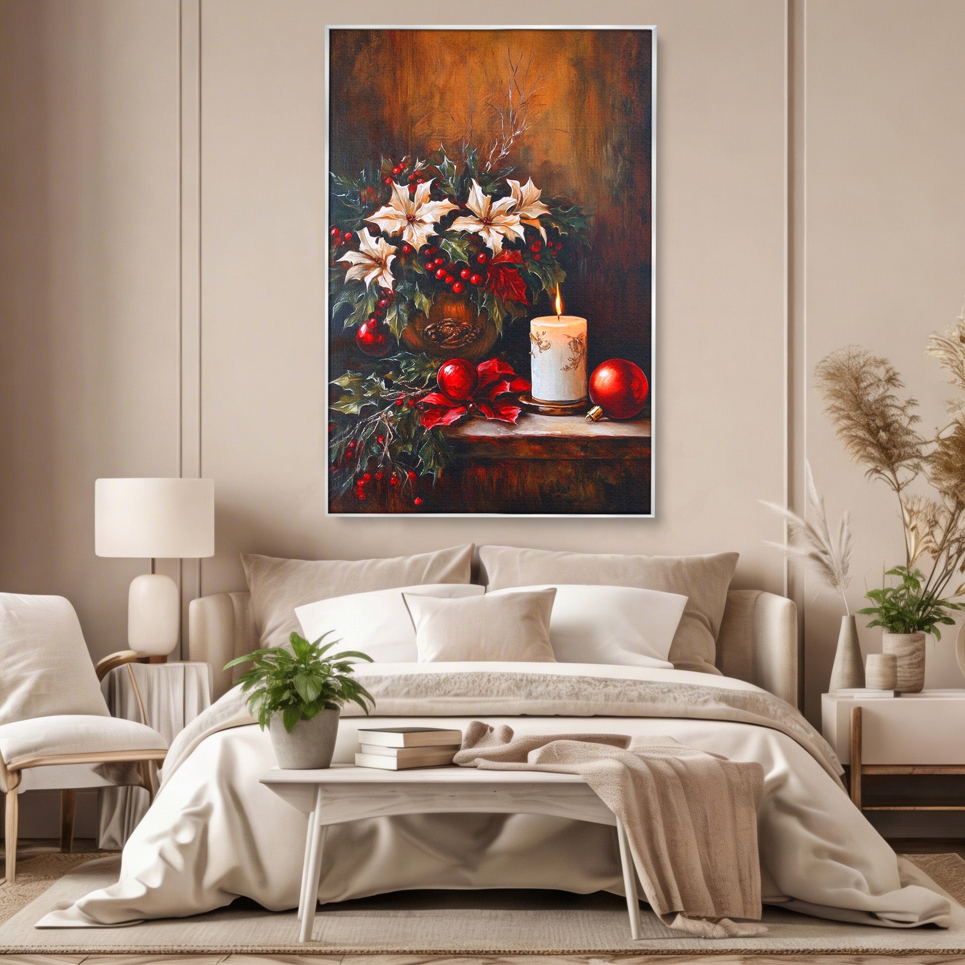 Tablou Canvas Premium LuxCanva® PI1074, Flori De Craciun, Iarna, Craciun, Decor, Lumanare, Living, Culori Vibrante