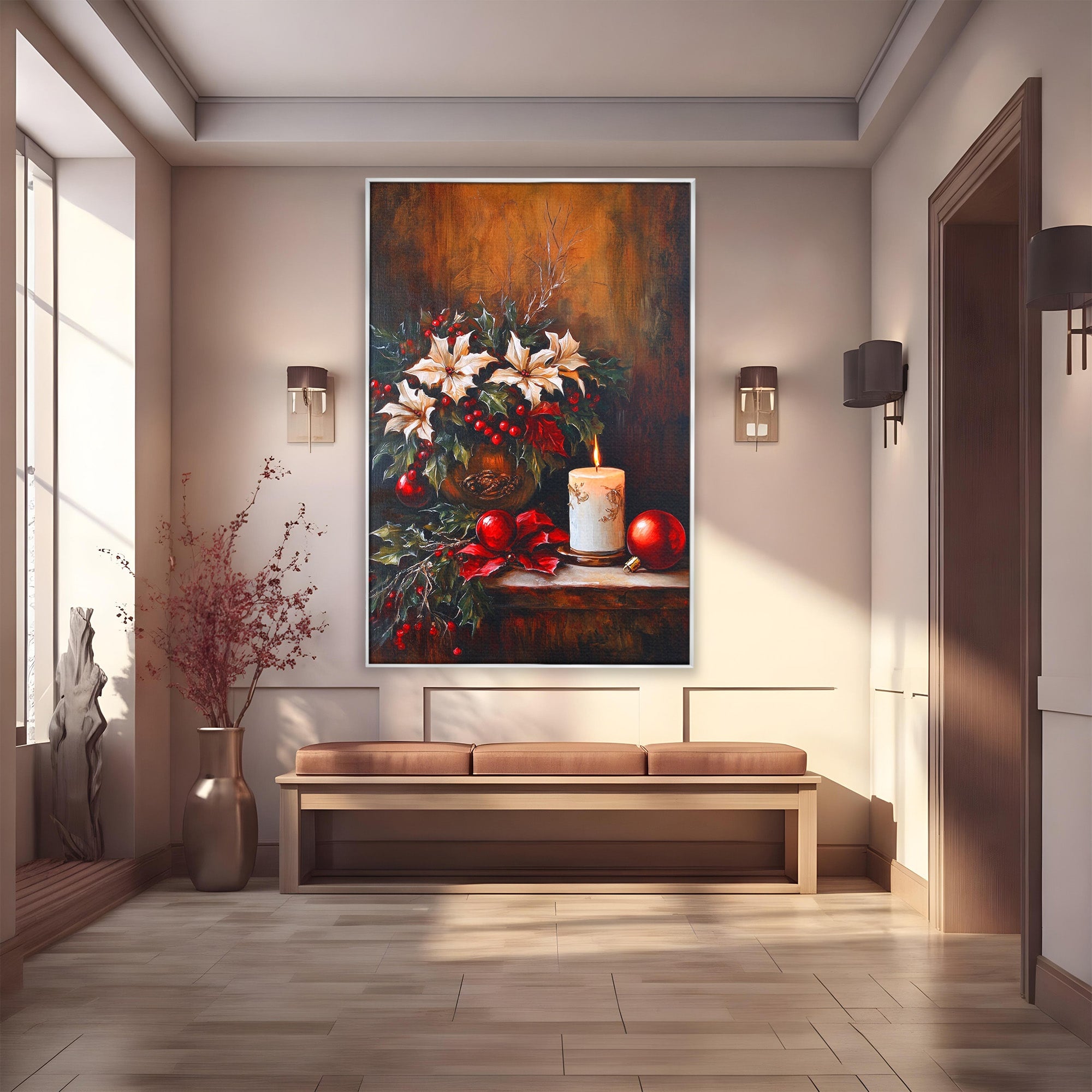 Tablou Canvas Premium LuxCanva® PI1074, Flori De Craciun, Iarna, Craciun, Decor, Lumanare, Living, Culori Vibrante