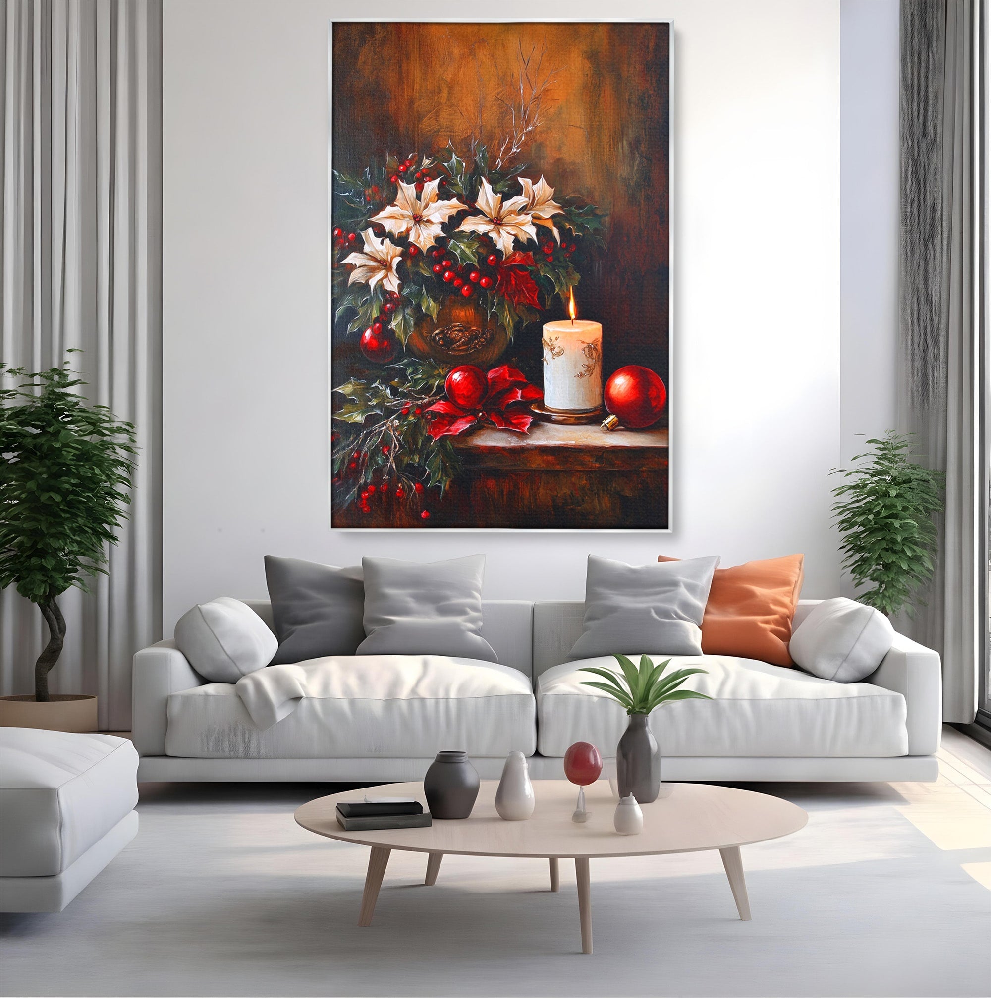 Tablou Canvas Premium LuxCanva® PI1074, Flori De Craciun, Iarna, Craciun, Decor, Lumanare, Living, Culori Vibrante