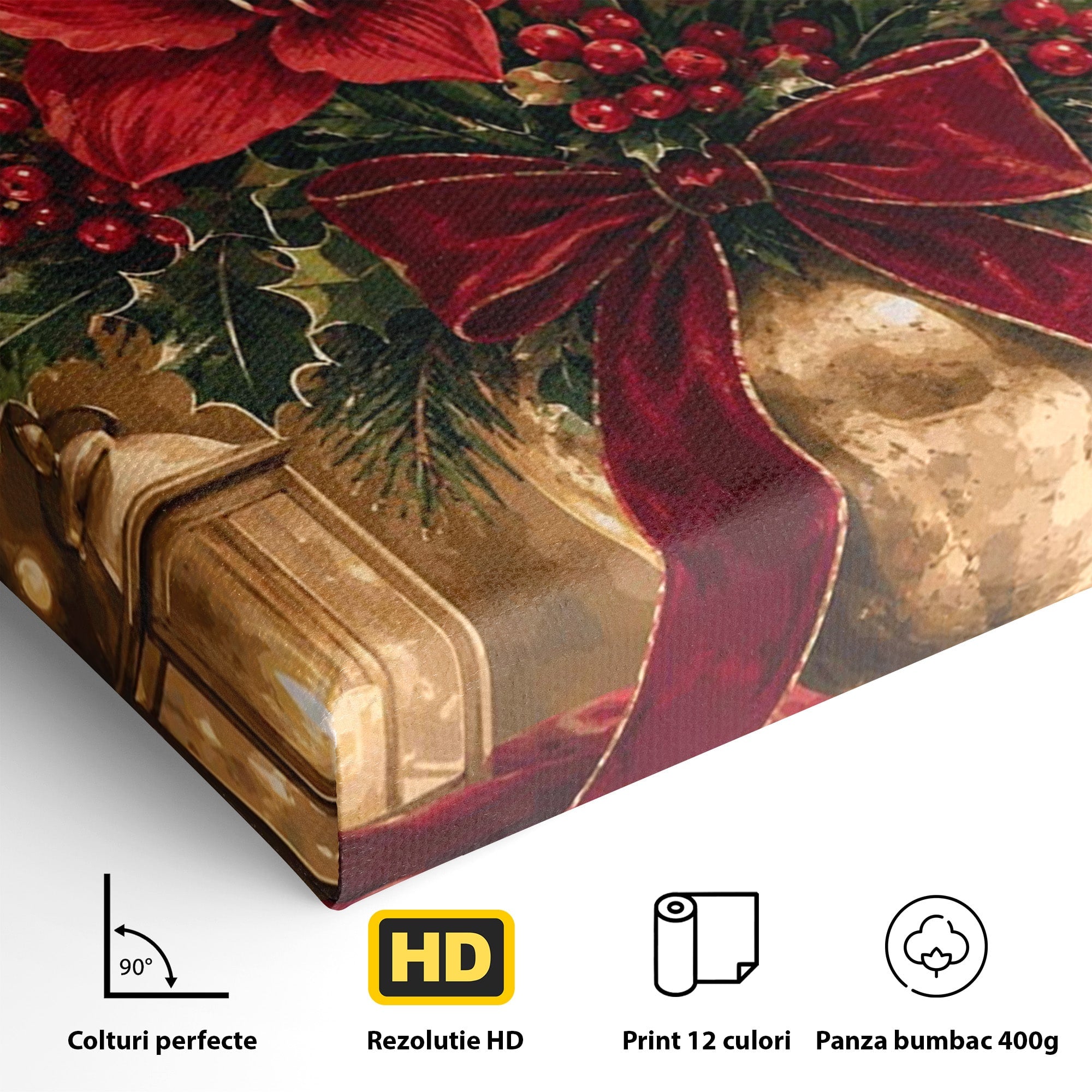 Tablou Canvas Premium LuxCanva® PI1076, Aranjament Festiv De Craciun, Rosu, Flori, Vaza, Aranjament, Festiv, Living, Culori Vibrante