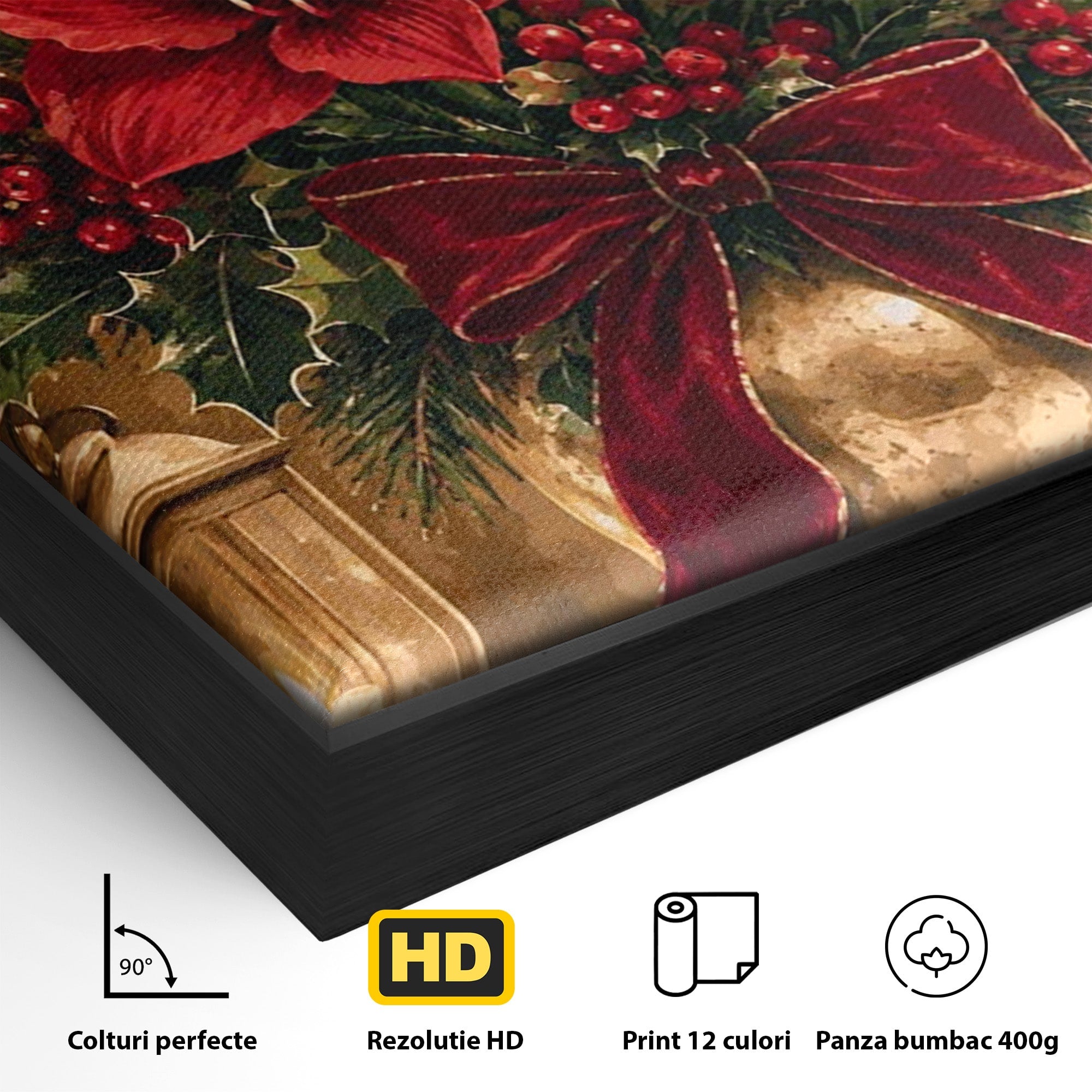 Tablou Canvas Premium LuxCanva® PI1076, Aranjament Festiv De Craciun, Rosu, Flori, Vaza, Aranjament, Festiv, Living, Culori Vibrante