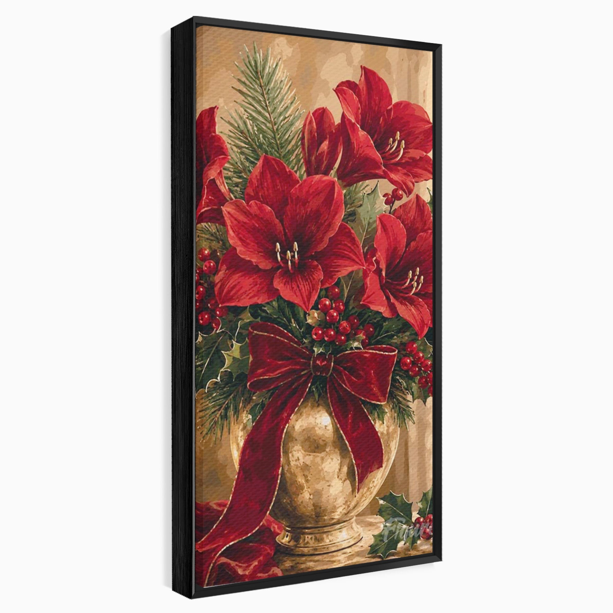Tablou Canvas Premium LuxCanva® PI1076, Aranjament Festiv De Craciun, Rosu, Flori, Vaza, Aranjament, Festiv, Living, Culori Vibrante