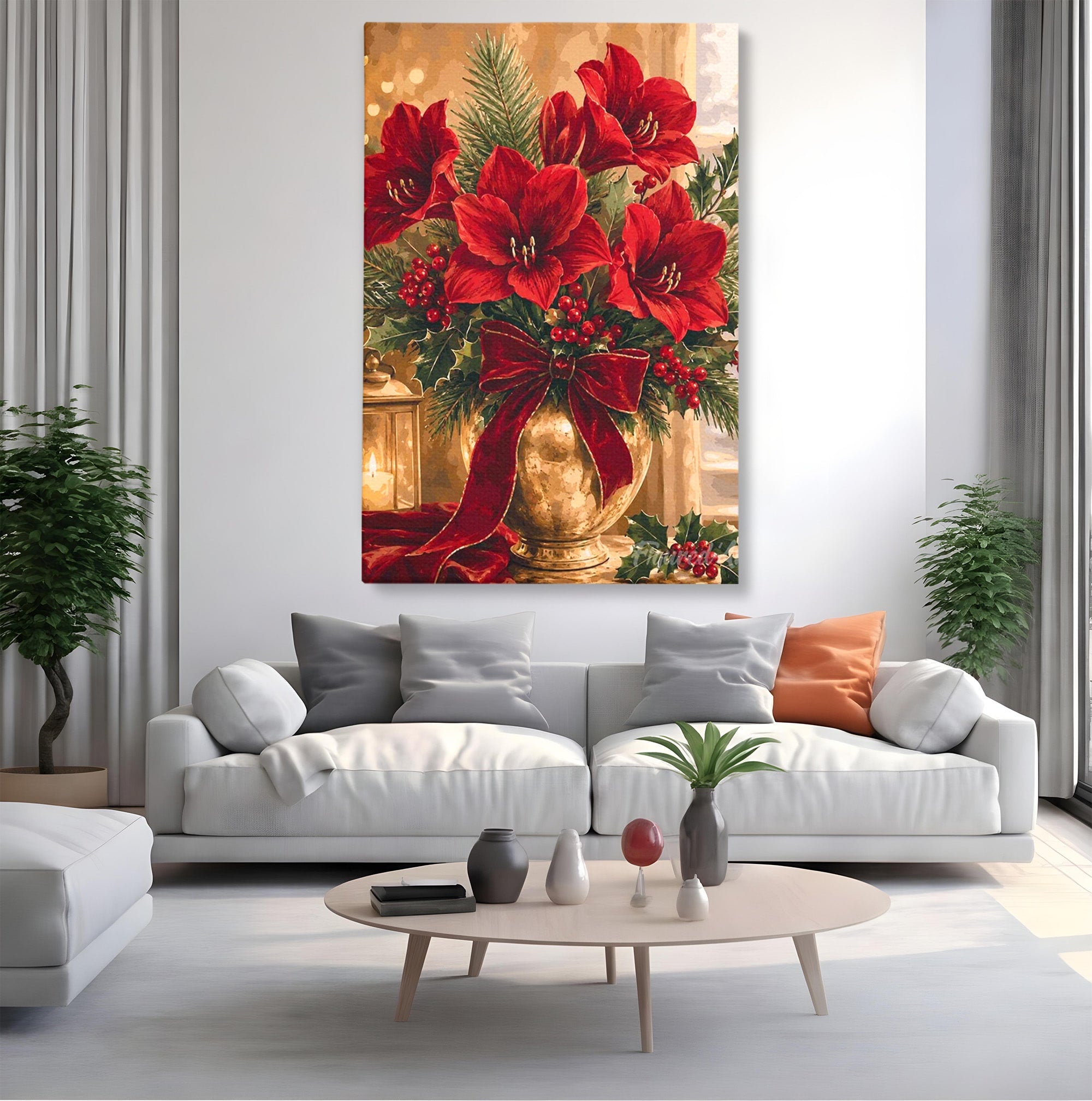 Tablou Canvas Premium LuxCanva® PI1076, Aranjament Festiv De Craciun, Rosu, Flori, Vaza, Aranjament, Festiv, Living, Culori Vibrante