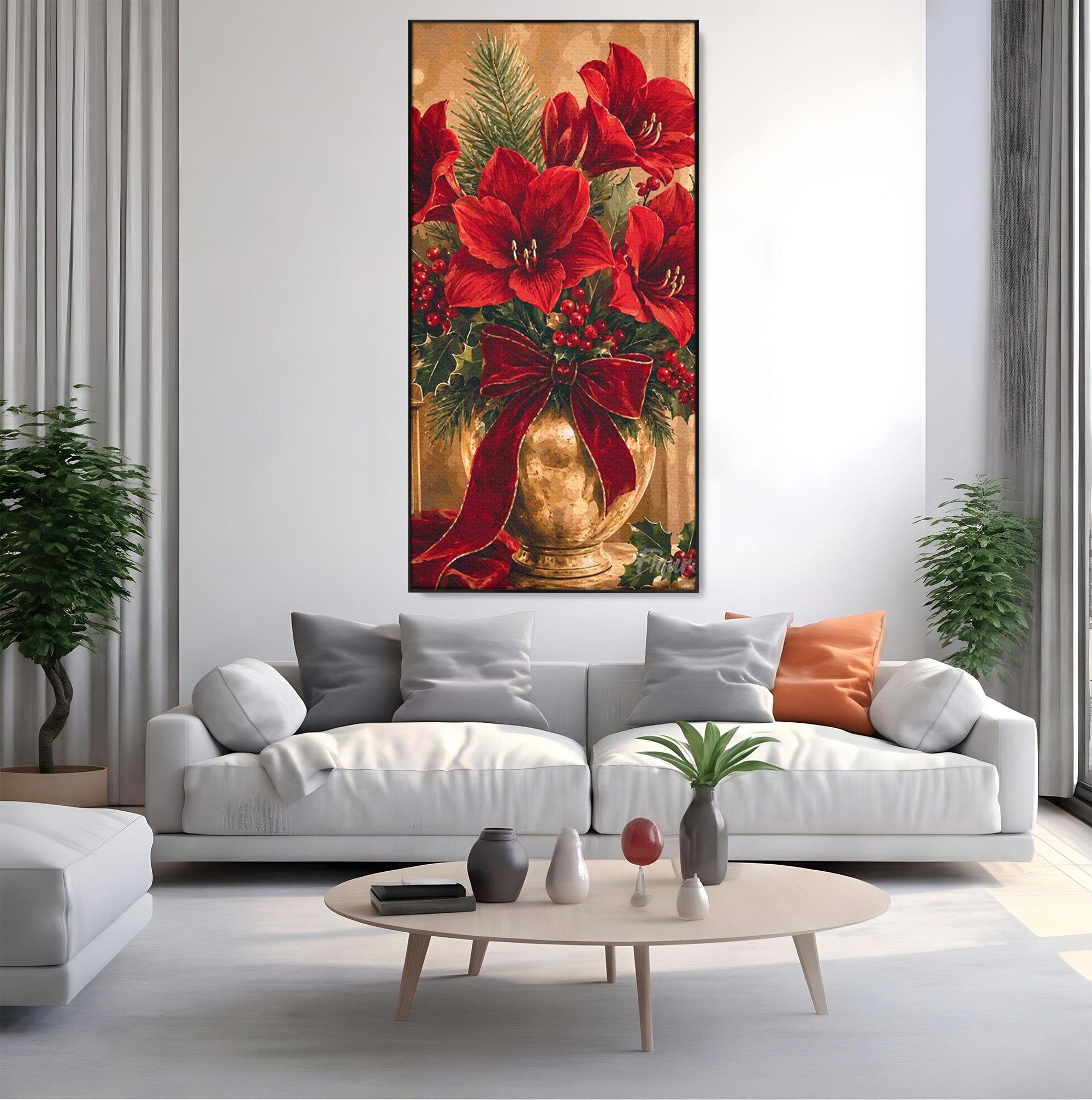 Tablou Canvas Premium LuxCanva® PI1076, Aranjament Festiv De Craciun, Rosu, Flori, Vaza, Aranjament, Festiv, Living, Culori Vibrante