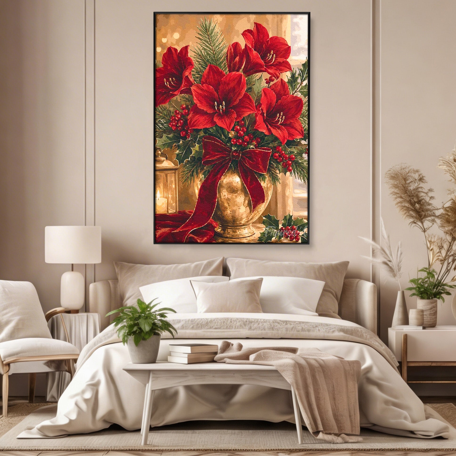 Tablou Canvas Premium LuxCanva® PI1076, Aranjament Festiv De Craciun, Rosu, Flori, Vaza, Aranjament, Festiv, Living, Culori Vibrante