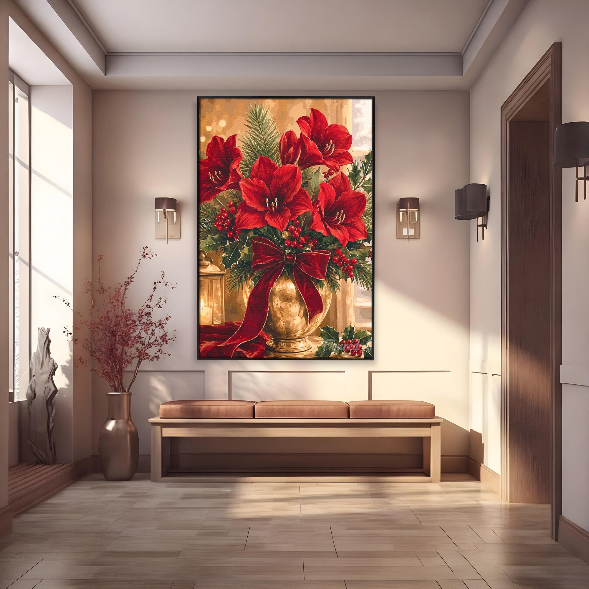 Tablou Canvas Premium LuxCanva® PI1076, Aranjament Festiv De Craciun, Rosu, Flori, Vaza, Aranjament, Festiv, Living, Culori Vibrante