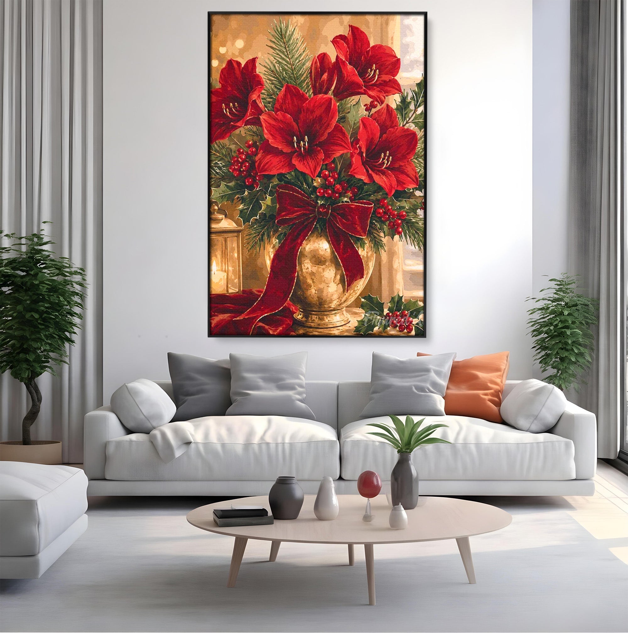 Tablou Canvas Premium LuxCanva® PI1076, Aranjament Festiv De Craciun, Rosu, Flori, Vaza, Aranjament, Festiv, Living, Culori Vibrante