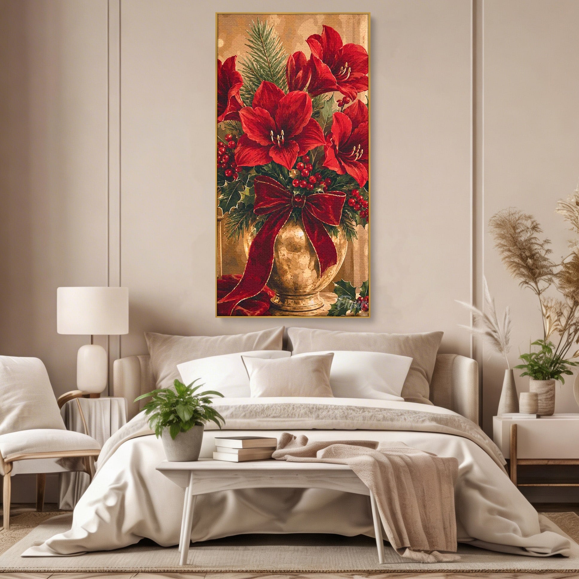 Tablou Canvas Premium LuxCanva® PI1076, Aranjament Festiv De Craciun, Rosu, Flori, Vaza, Aranjament, Festiv, Living, Culori Vibrante