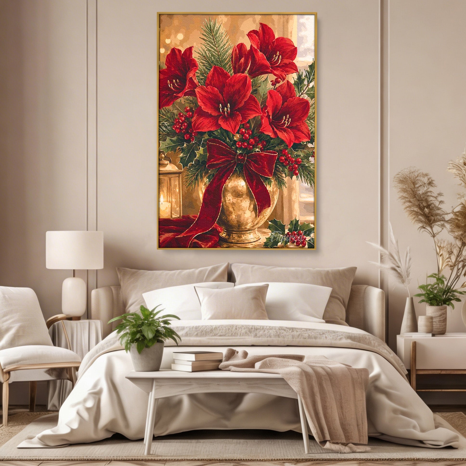 Tablou Canvas Premium LuxCanva® PI1076, Aranjament Festiv De Craciun, Rosu, Flori, Vaza, Aranjament, Festiv, Living, Culori Vibrante