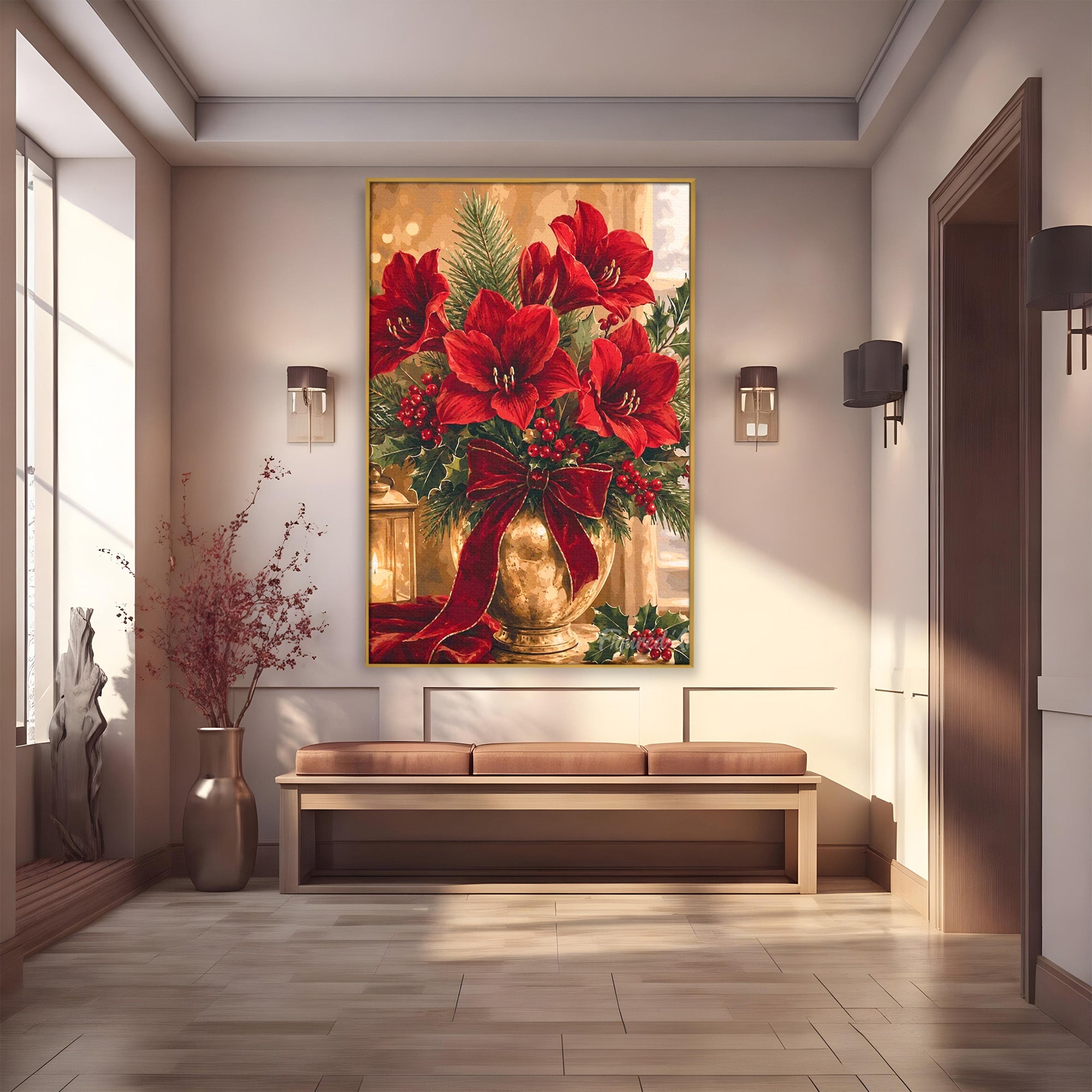 Tablou Canvas Premium LuxCanva® PI1076, Aranjament Festiv De Craciun, Rosu, Flori, Vaza, Aranjament, Festiv, Living, Culori Vibrante