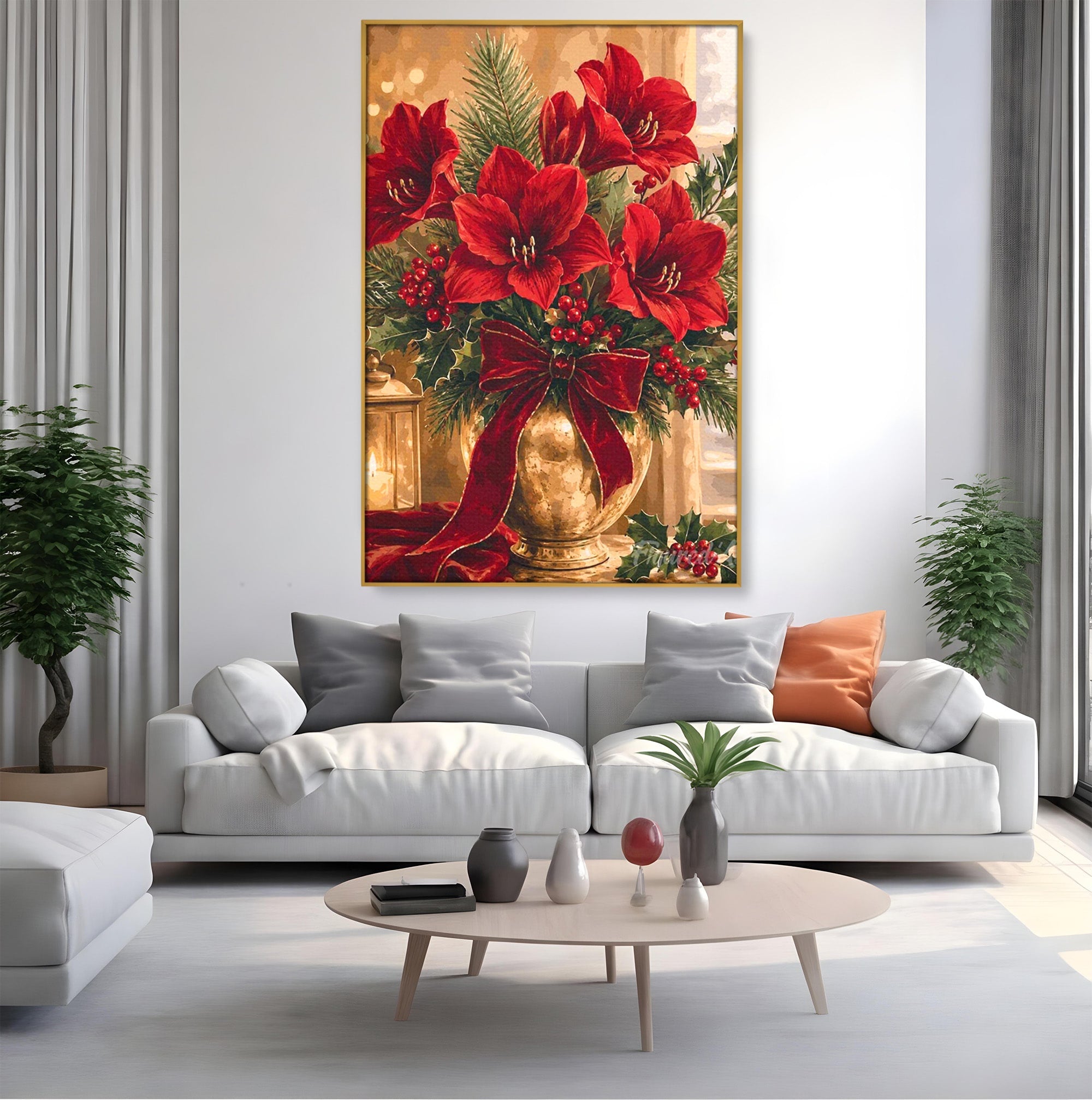 Tablou Canvas Premium LuxCanva® PI1076, Aranjament Festiv De Craciun, Rosu, Flori, Vaza, Aranjament, Festiv, Living, Culori Vibrante