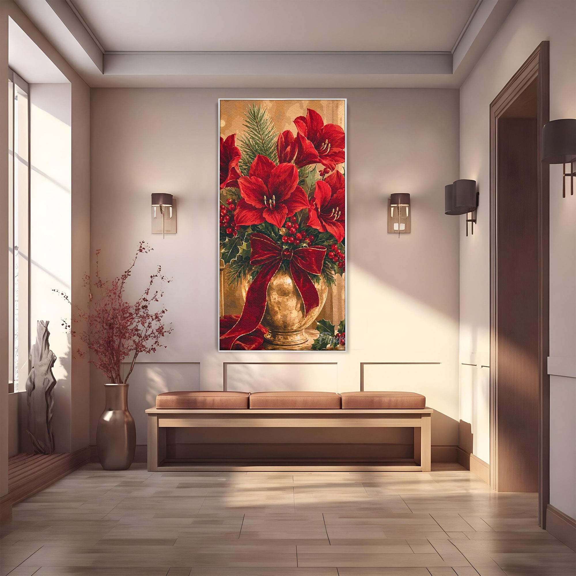 Tablou Canvas Premium LuxCanva® PI1076, Aranjament Festiv De Craciun, Rosu, Flori, Vaza, Aranjament, Festiv, Living, Culori Vibrante