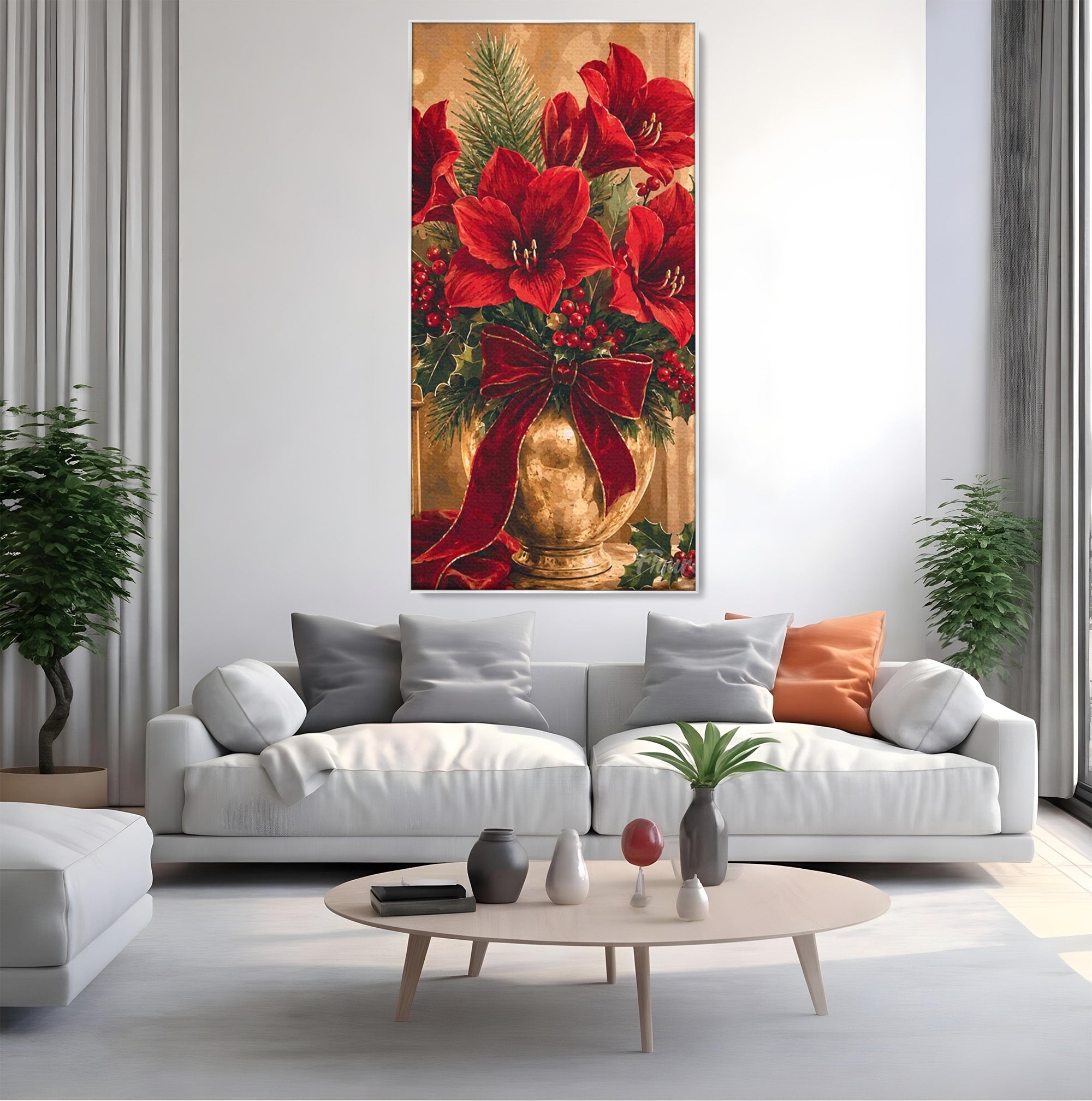 Tablou Canvas Premium LuxCanva® PI1076, Aranjament Festiv De Craciun, Rosu, Flori, Vaza, Aranjament, Festiv, Living, Culori Vibrante