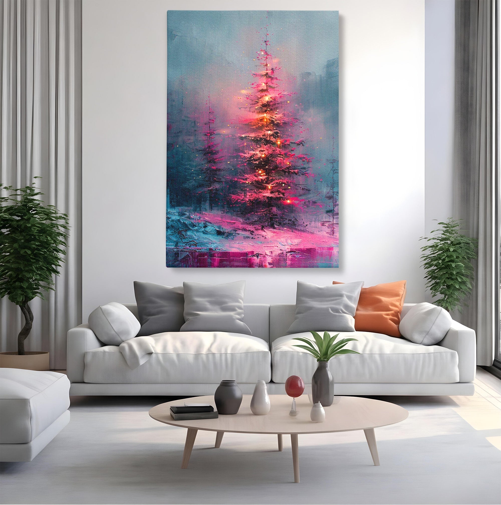 Tablou Canvas Premium LuxCanva® PI1077, Bradul Fermecat, Roz, Iarna, Peisaj, Stralucire, Living, Magie, Culori Vibrante