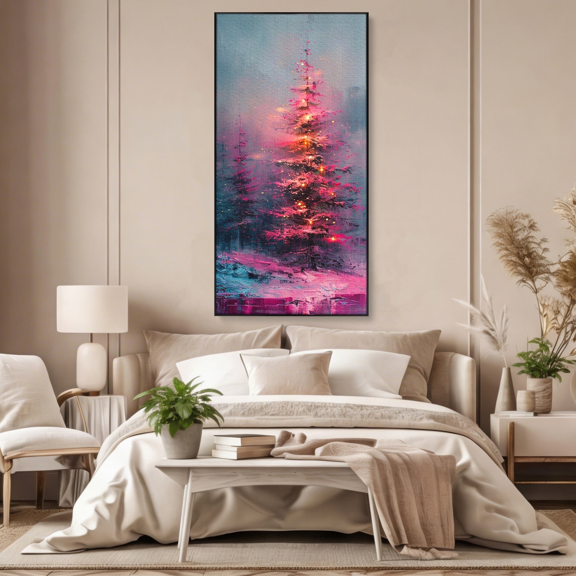 Tablou Canvas Premium LuxCanva® PI1077, Bradul Fermecat, Roz, Iarna, Peisaj, Stralucire, Living, Magie, Culori Vibrante