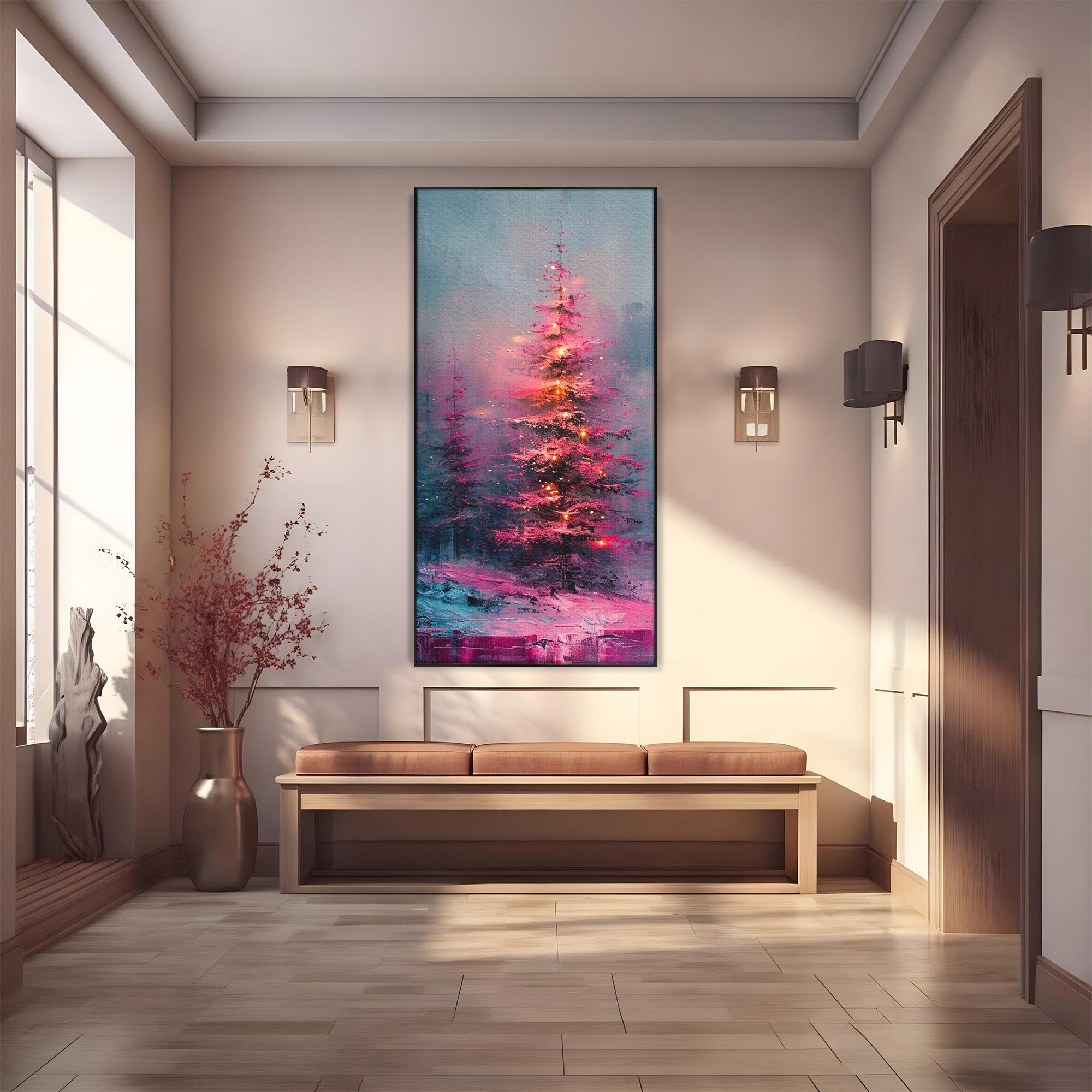Tablou Canvas Premium LuxCanva® PI1077, Bradul Fermecat, Roz, Iarna, Peisaj, Stralucire, Living, Magie, Culori Vibrante
