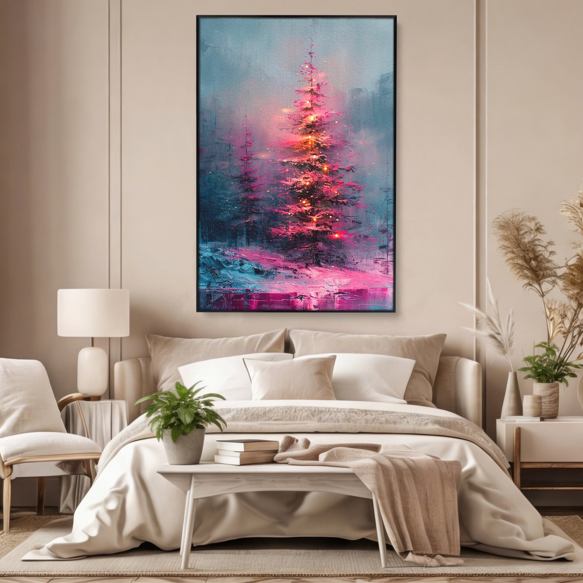 Tablou Canvas Premium LuxCanva® PI1077, Bradul Fermecat, Roz, Iarna, Peisaj, Stralucire, Living, Magie, Culori Vibrante