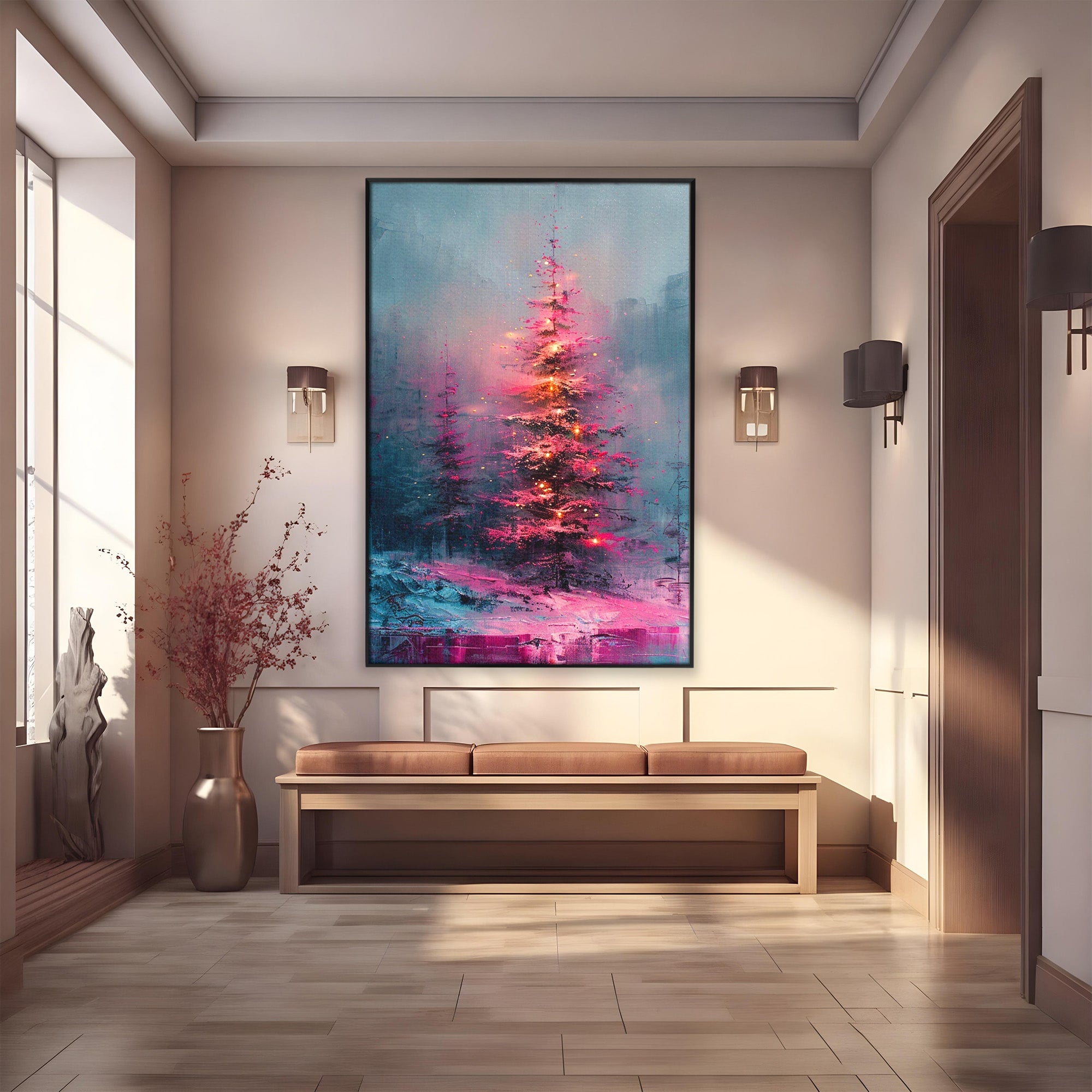 Tablou Canvas Premium LuxCanva® PI1077, Bradul Fermecat, Roz, Iarna, Peisaj, Stralucire, Living, Magie, Culori Vibrante