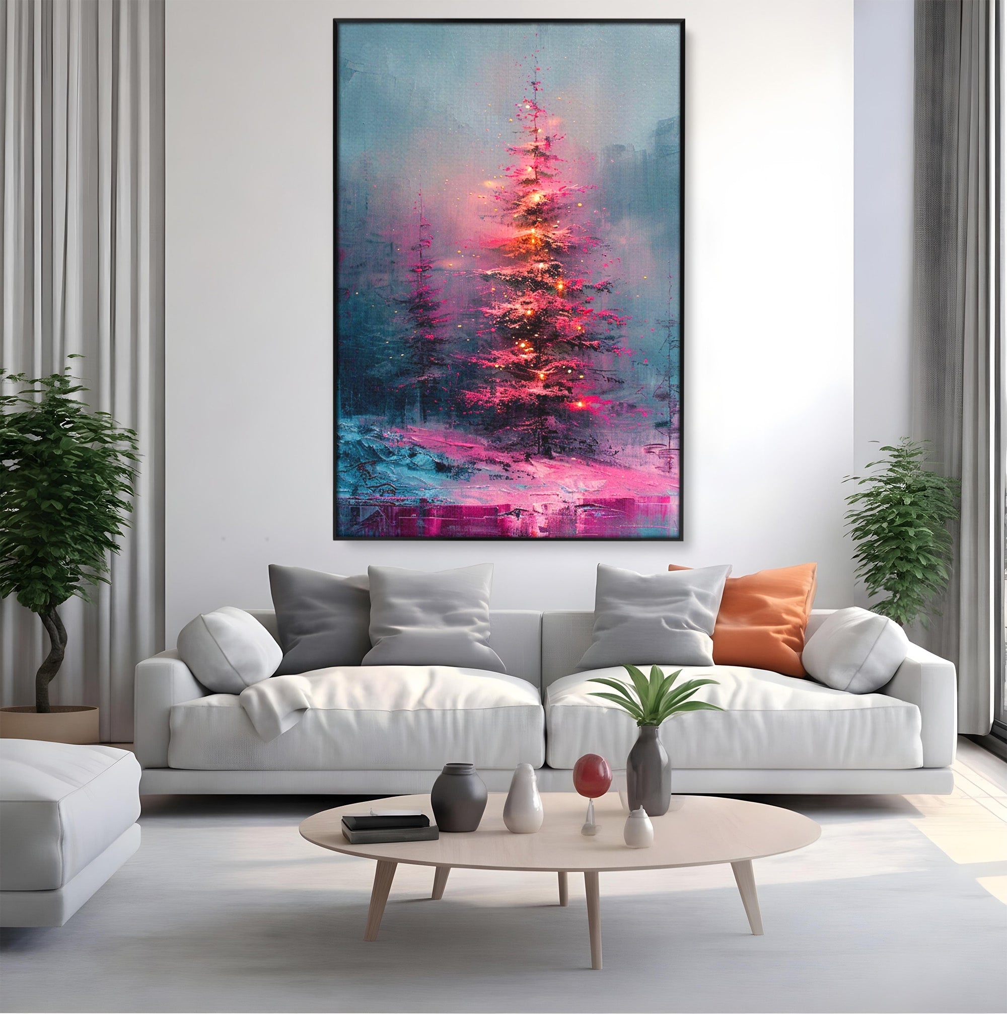 Tablou Canvas Premium LuxCanva® PI1077, Bradul Fermecat, Roz, Iarna, Peisaj, Stralucire, Living, Magie, Culori Vibrante