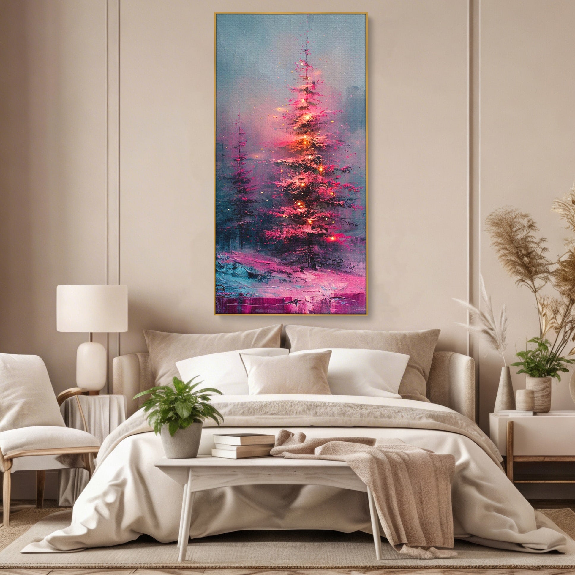 Tablou Canvas Premium LuxCanva® PI1077, Bradul Fermecat, Roz, Iarna, Peisaj, Stralucire, Living, Magie, Culori Vibrante