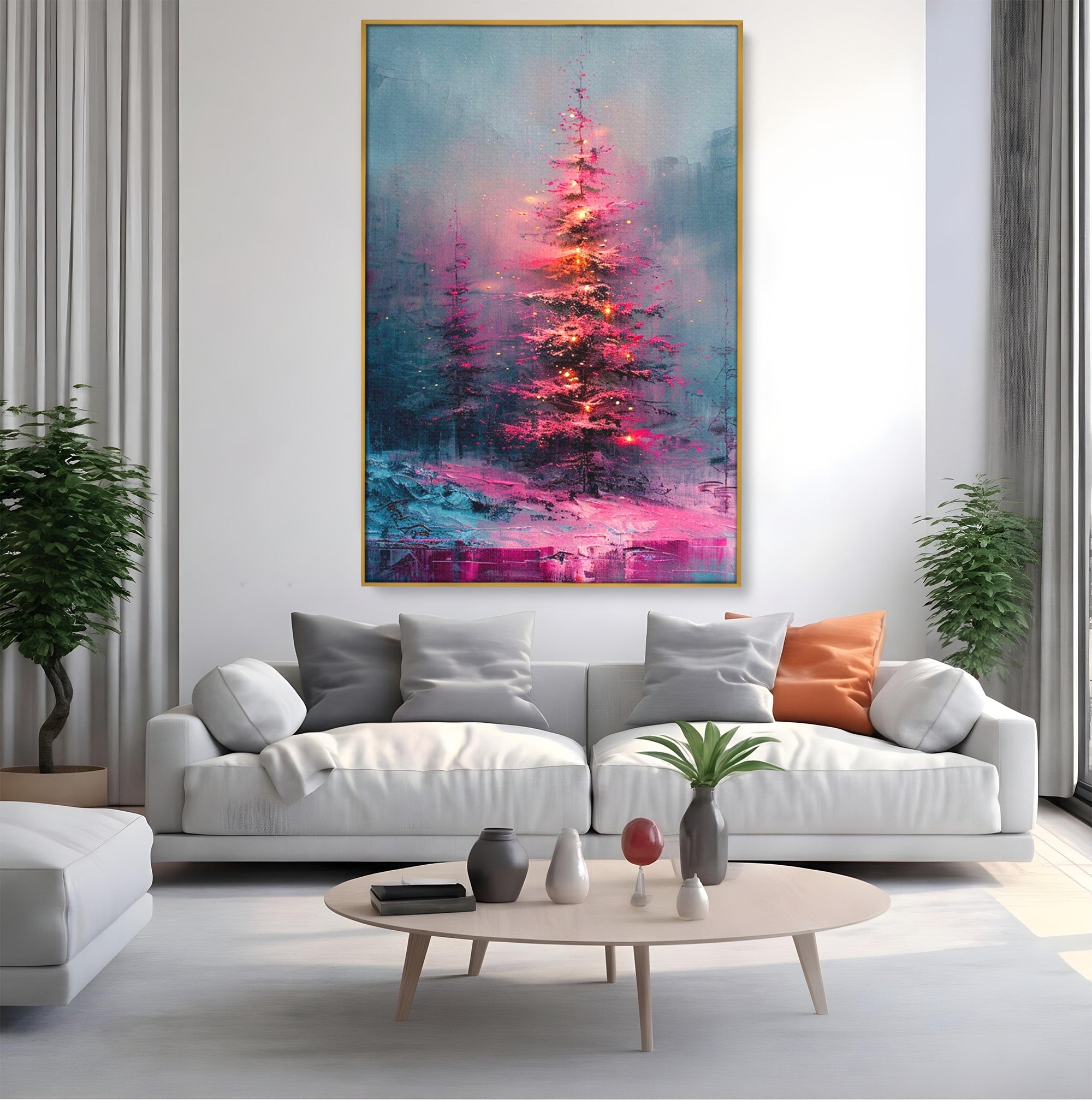 Tablou Canvas Premium LuxCanva® PI1077, Bradul Fermecat, Roz, Iarna, Peisaj, Stralucire, Living, Magie, Culori Vibrante