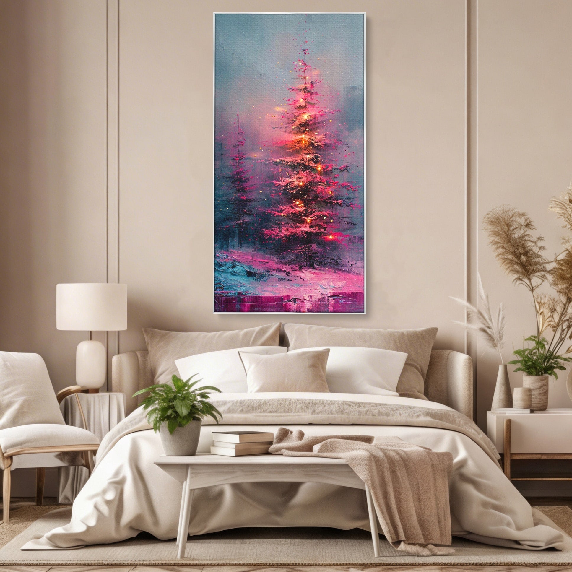 Tablou Canvas Premium LuxCanva® PI1077, Bradul Fermecat, Roz, Iarna, Peisaj, Stralucire, Living, Magie, Culori Vibrante