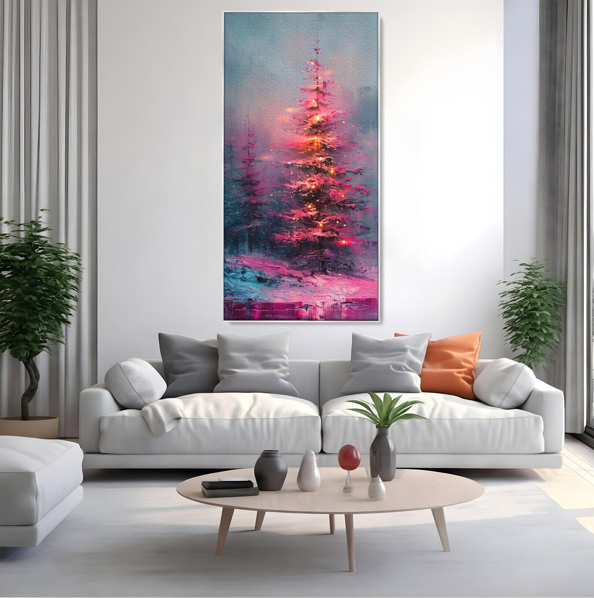 Tablou Canvas Premium LuxCanva® PI1077, Bradul Fermecat, Roz, Iarna, Peisaj, Stralucire, Living, Magie, Culori Vibrante