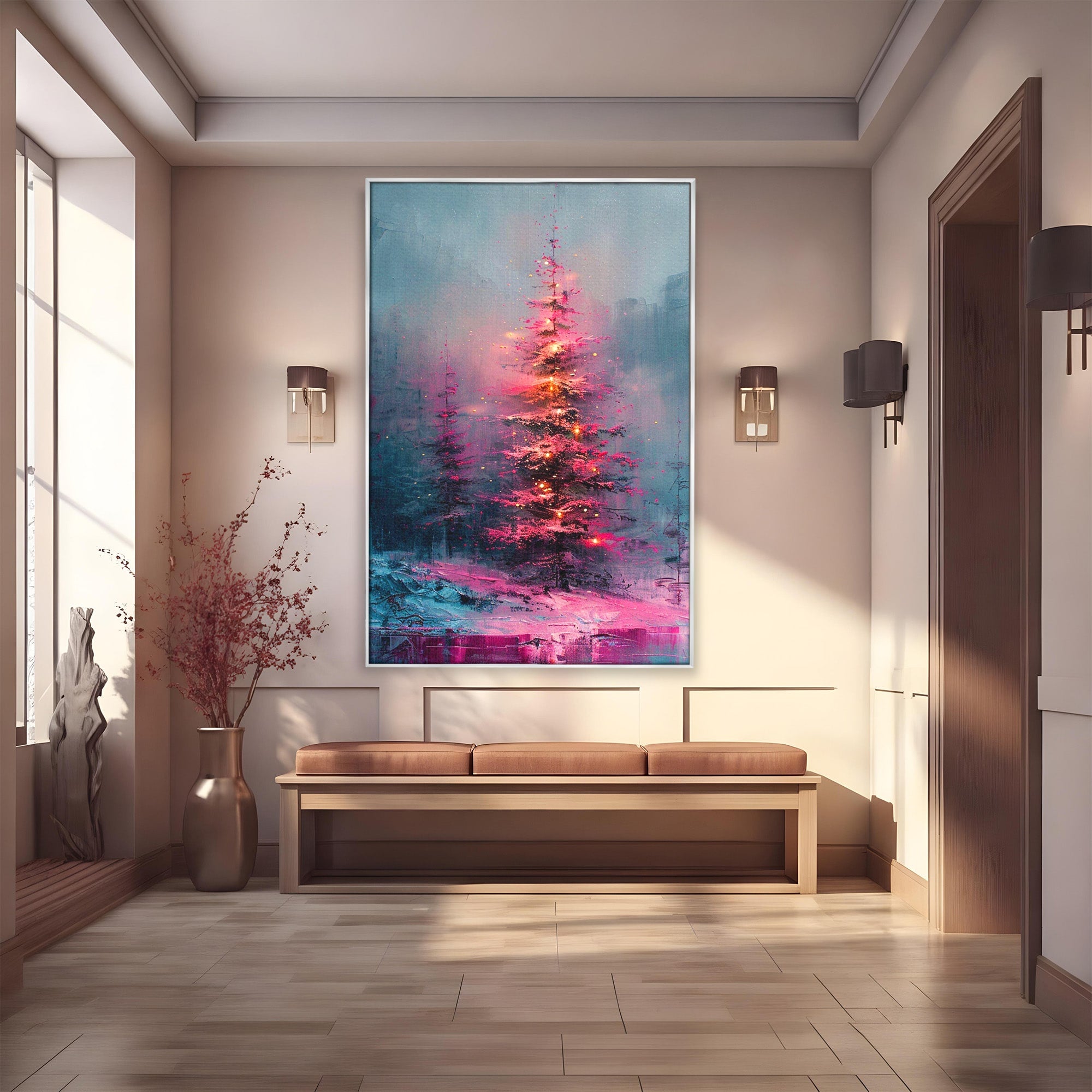 Tablou Canvas Premium LuxCanva® PI1077, Bradul Fermecat, Roz, Iarna, Peisaj, Stralucire, Living, Magie, Culori Vibrante