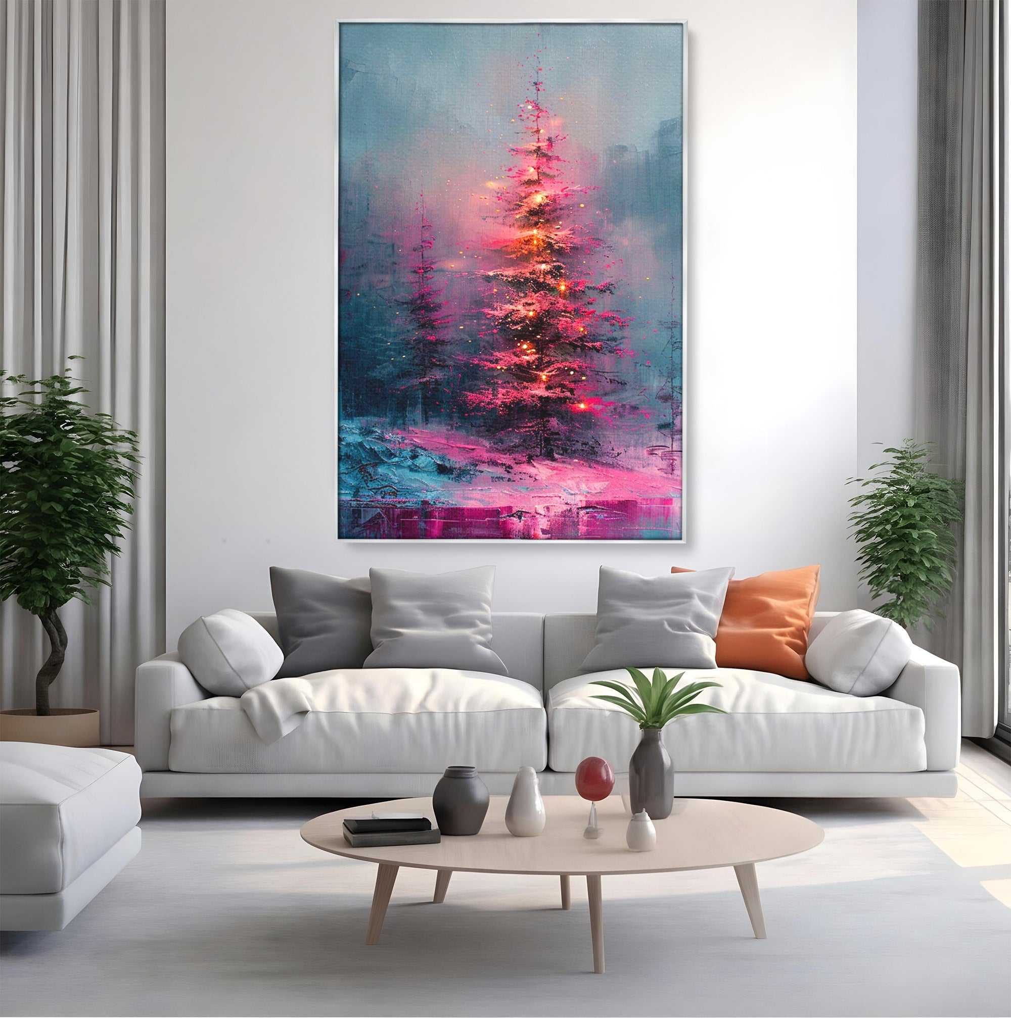 Tablou Canvas Premium LuxCanva® PI1077, Bradul Fermecat, Roz, Iarna, Peisaj, Stralucire, Living, Magie, Culori Vibrante