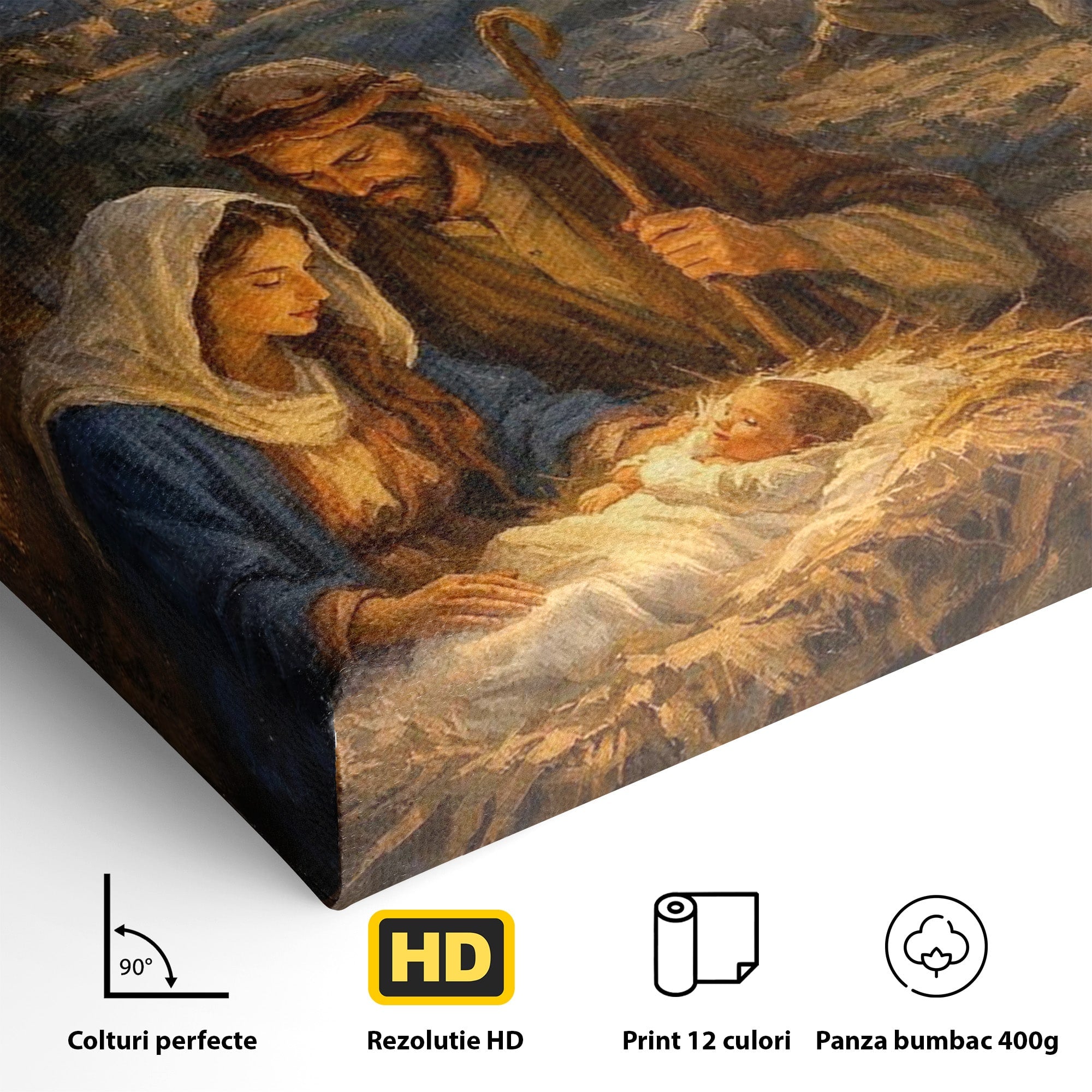 Tablou Canvas Premium LuxCanva® PI1079, Nasterea, Hristos, Religie, Iesle, Ingeri, Noapte, Sfant, Stea, Living, Culori Vibrante