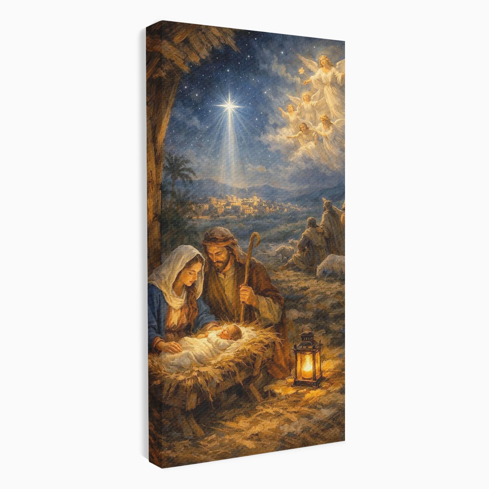Tablou Canvas Premium LuxCanva® PI1079, Nasterea, Hristos, Religie, Iesle, Ingeri, Noapte, Sfant, Stea, Living, Culori Vibrante