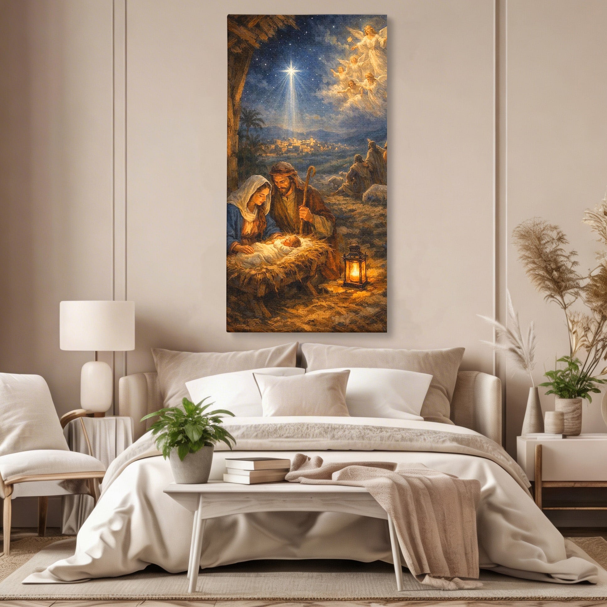 Tablou Canvas Premium LuxCanva® PI1079, Nasterea, Hristos, Religie, Iesle, Ingeri, Noapte, Sfant, Stea, Living, Culori Vibrante