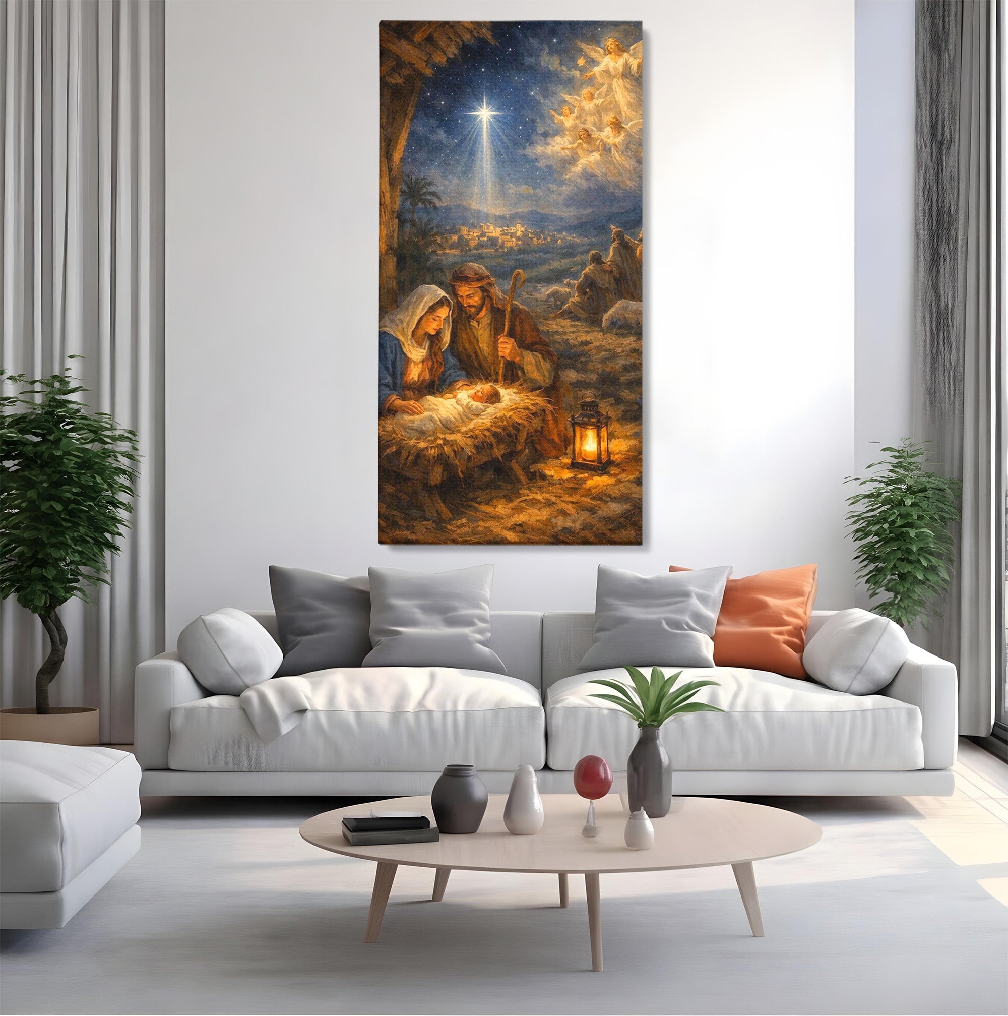 Tablou Canvas Premium LuxCanva® PI1079, Nasterea, Hristos, Religie, Iesle, Ingeri, Noapte, Sfant, Stea, Living, Culori Vibrante