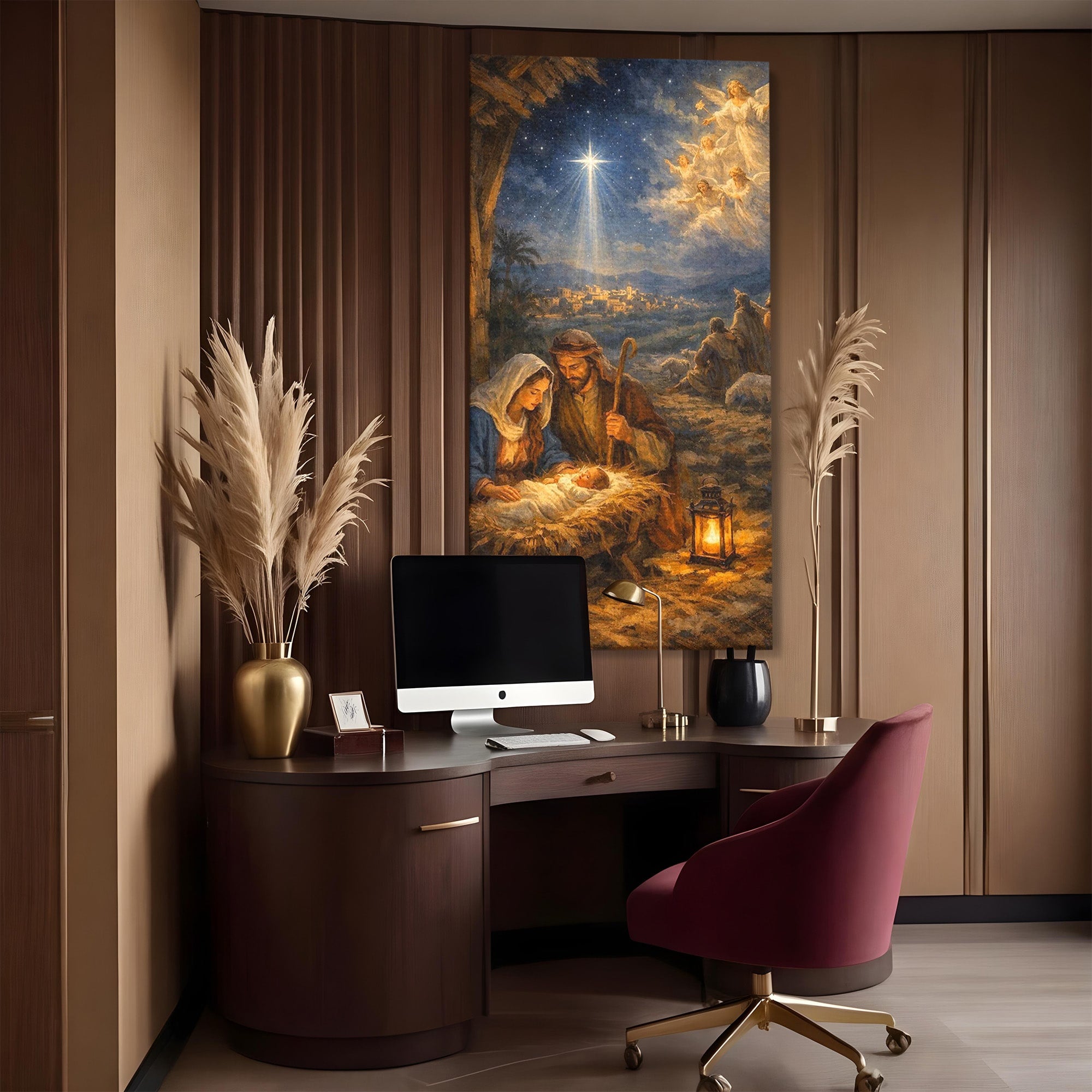 Tablou Canvas Premium LuxCanva® PI1079, Nasterea, Hristos, Religie, Iesle, Ingeri, Noapte, Sfant, Stea, Living, Culori Vibrante