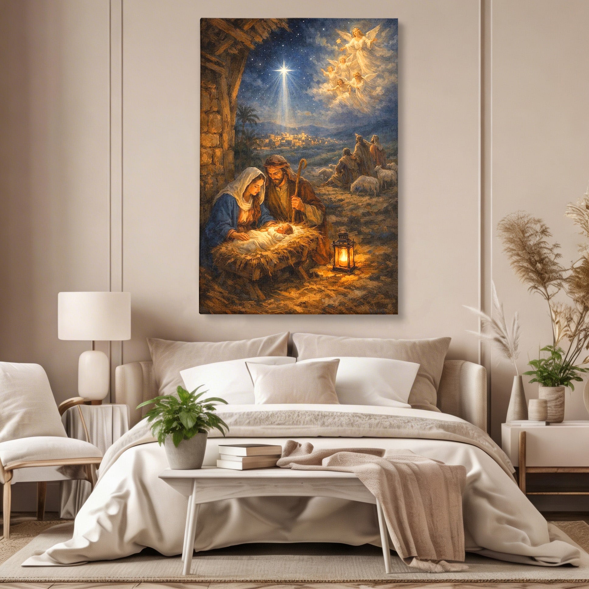 Tablou Canvas Premium LuxCanva® PI1079, Nasterea, Hristos, Religie, Iesle, Ingeri, Noapte, Sfant, Stea, Living, Culori Vibrante