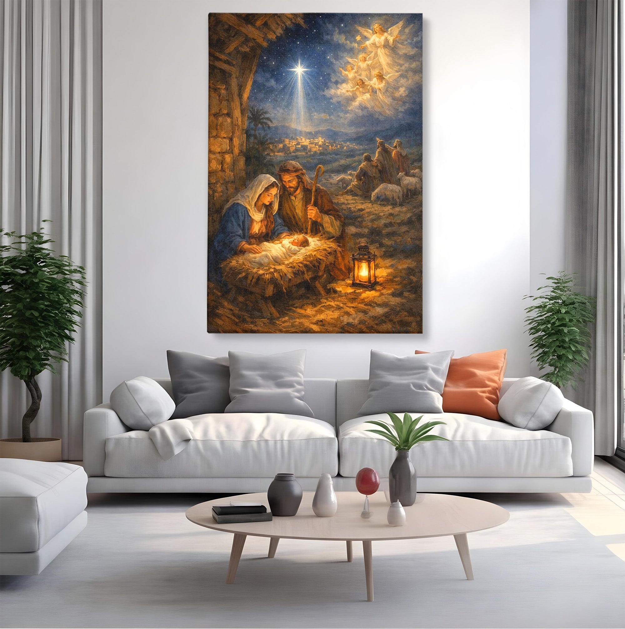 Tablou Canvas Premium LuxCanva® PI1079, Nasterea, Hristos, Religie, Iesle, Ingeri, Noapte, Sfant, Stea, Living, Culori Vibrante