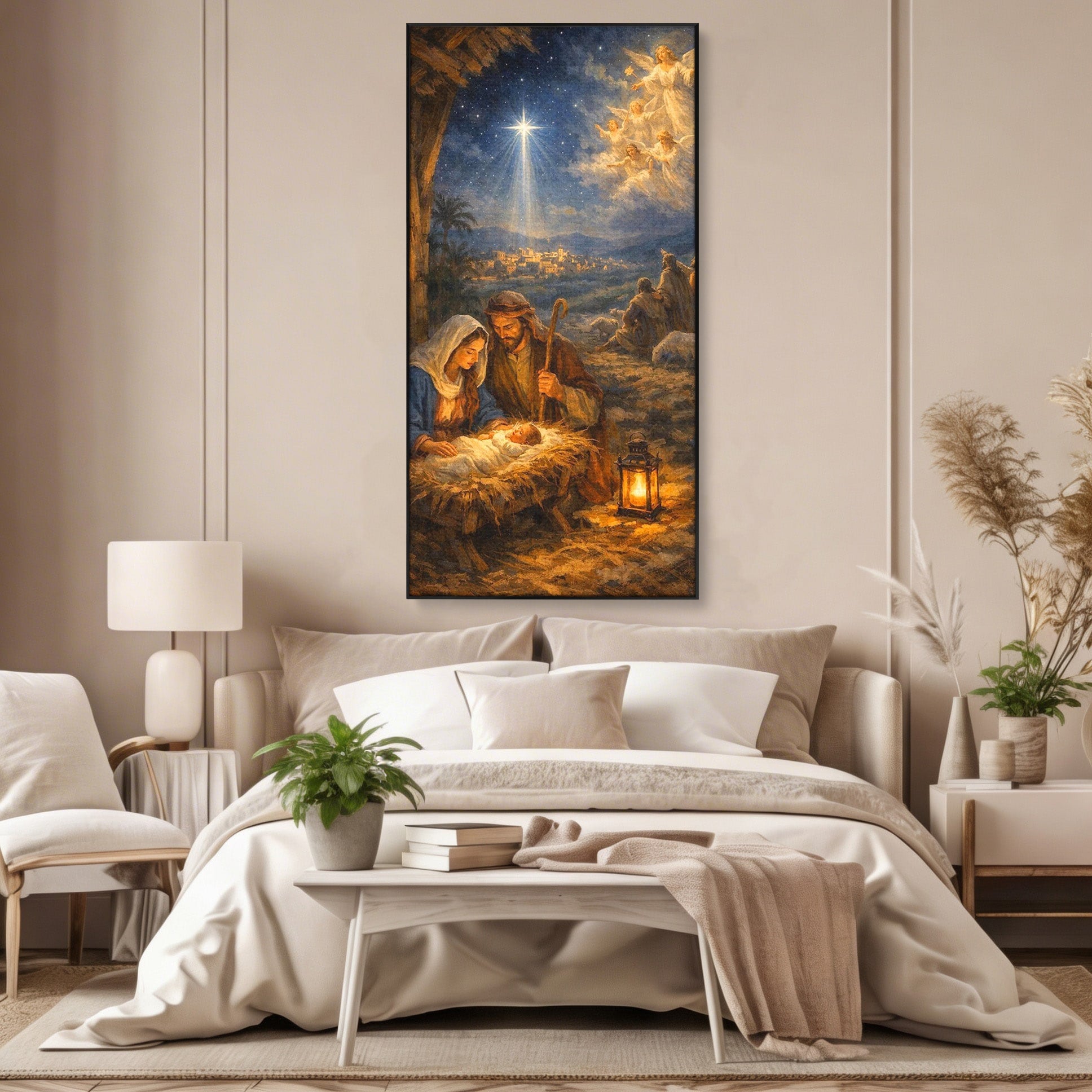 Tablou Canvas Premium LuxCanva® PI1079, Nasterea, Hristos, Religie, Iesle, Ingeri, Noapte, Sfant, Stea, Living, Culori Vibrante