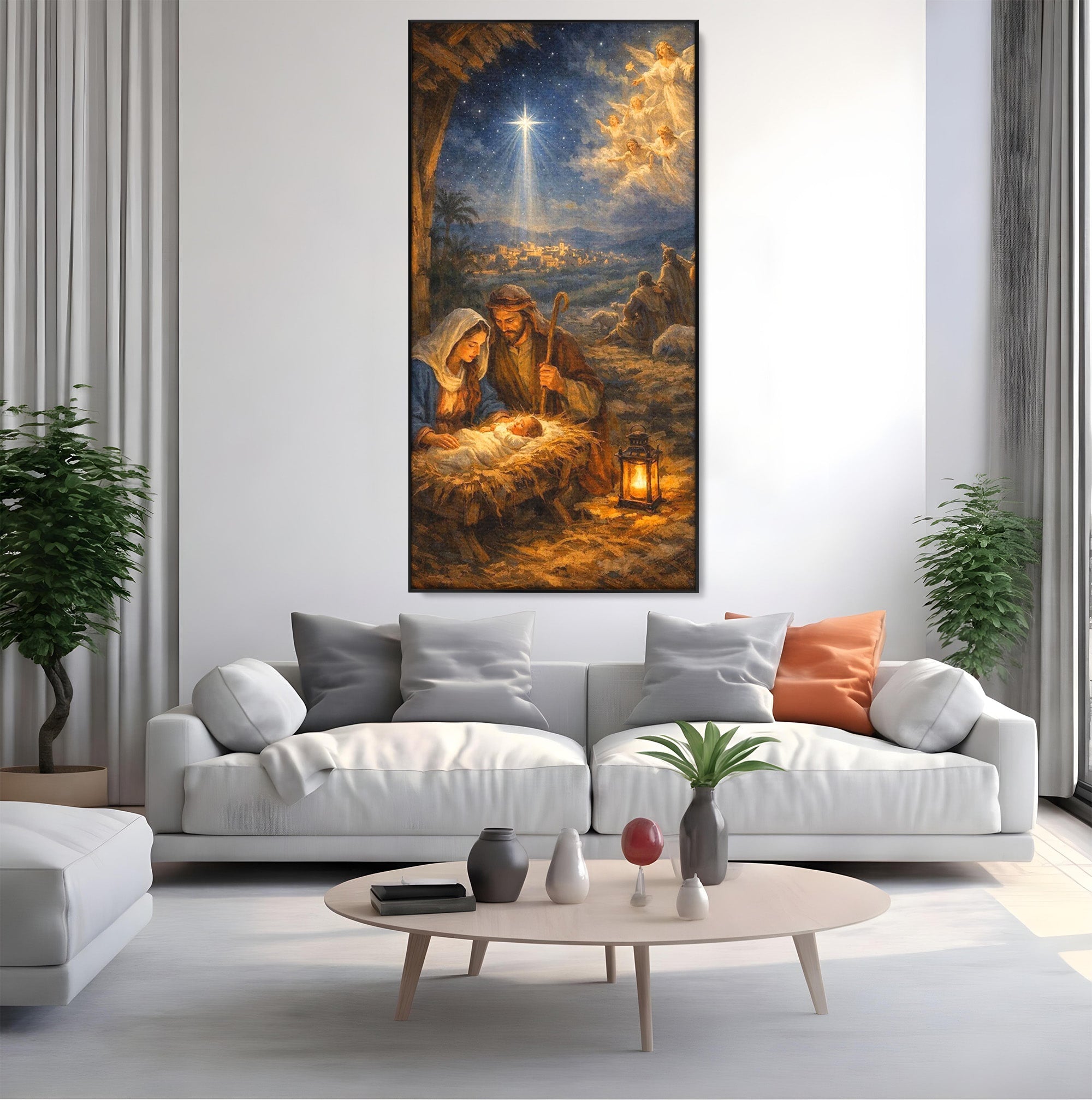 Tablou Canvas Premium LuxCanva® PI1079, Nasterea, Hristos, Religie, Iesle, Ingeri, Noapte, Sfant, Stea, Living, Culori Vibrante