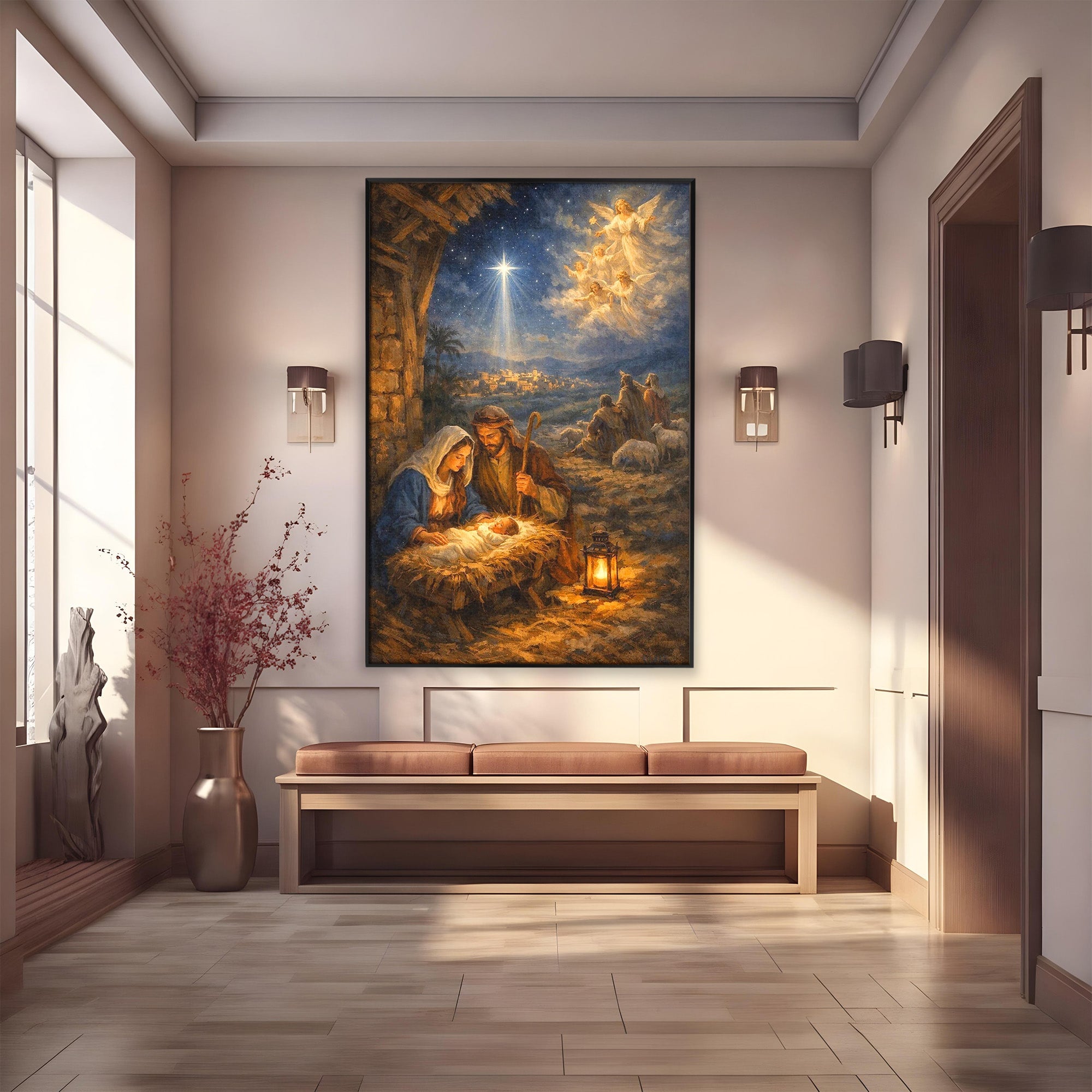 Tablou Canvas Premium LuxCanva® PI1079, Nasterea, Hristos, Religie, Iesle, Ingeri, Noapte, Sfant, Stea, Living, Culori Vibrante