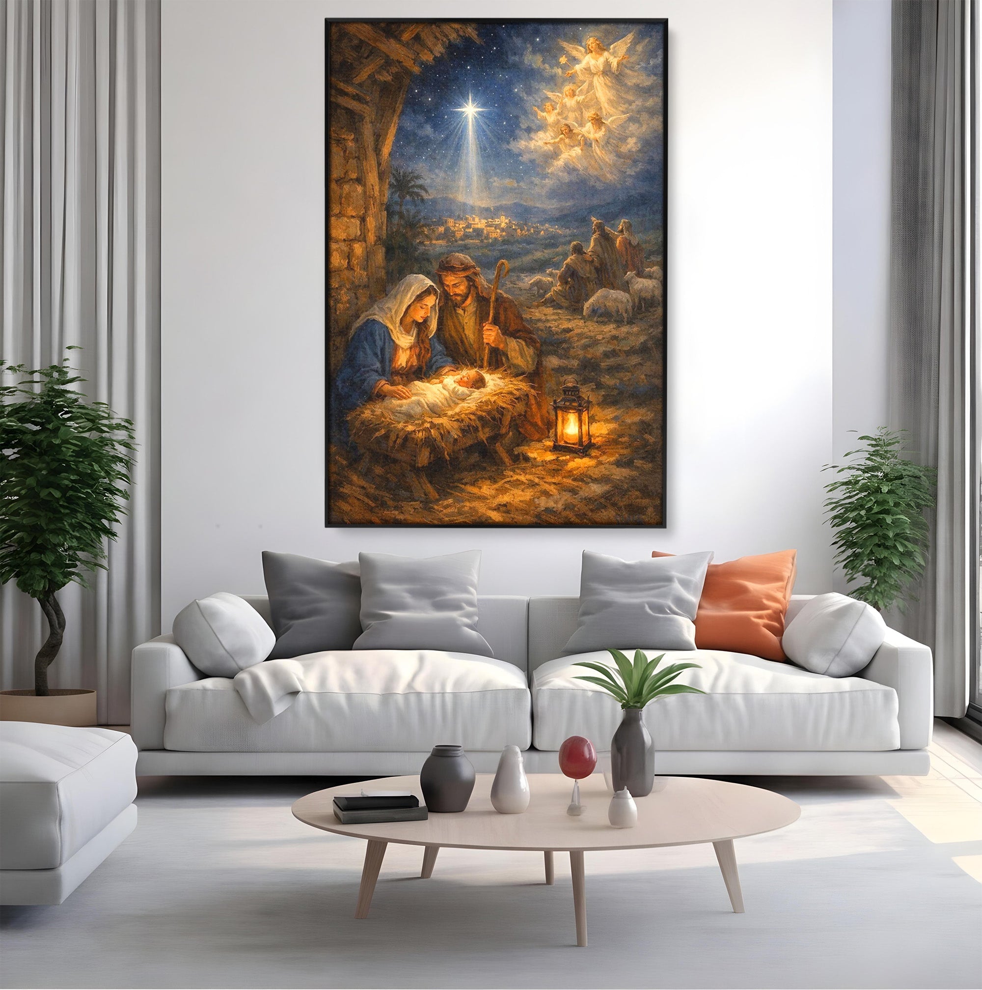 Tablou Canvas Premium LuxCanva® PI1079, Nasterea, Hristos, Religie, Iesle, Ingeri, Noapte, Sfant, Stea, Living, Culori Vibrante