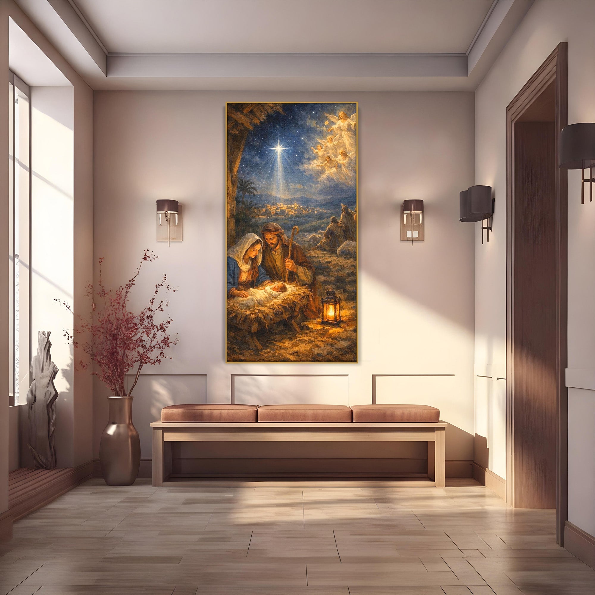 Tablou Canvas Premium LuxCanva® PI1079, Nasterea, Hristos, Religie, Iesle, Ingeri, Noapte, Sfant, Stea, Living, Culori Vibrante